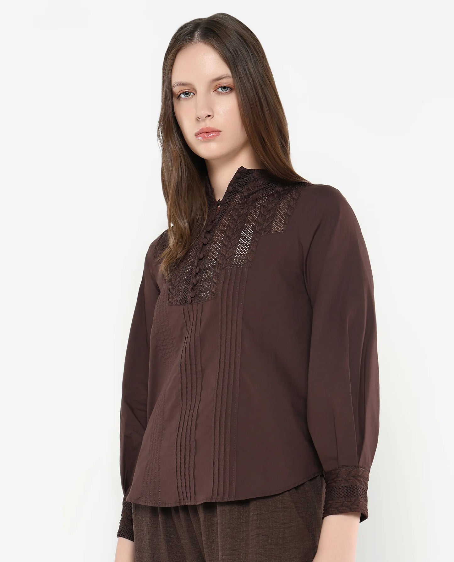 Rareism Women Olafi Brown Bishop Sleeve High Neck Button Closure Regular Fit Plain Top