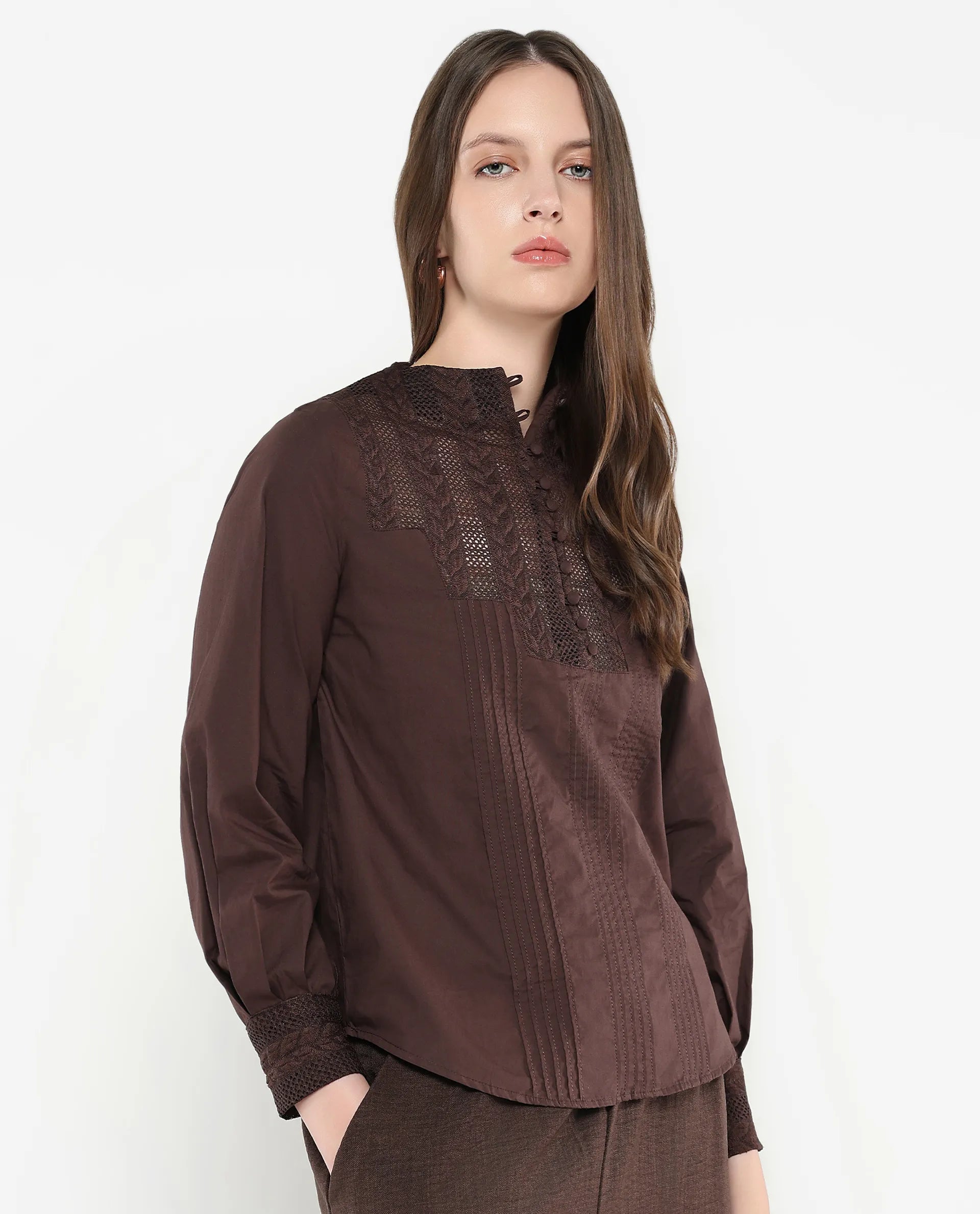 Rareism Women Olafi Brown Bishop Sleeve High Neck Button Closure Regular Fit Plain Top