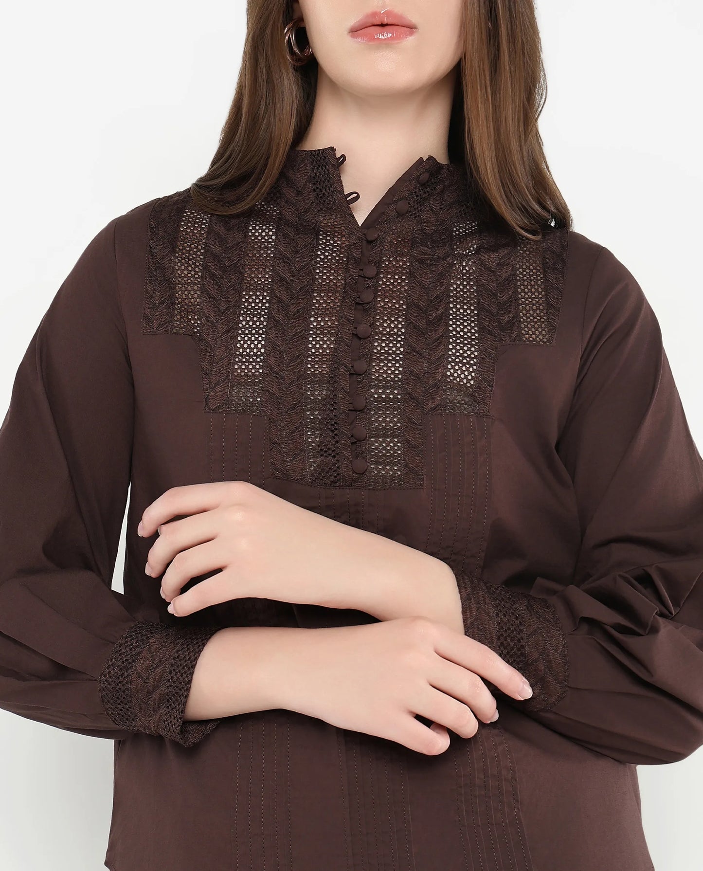 Rareism Women Olafi Brown Bishop Sleeve High Neck Button Closure Regular Fit Plain Top