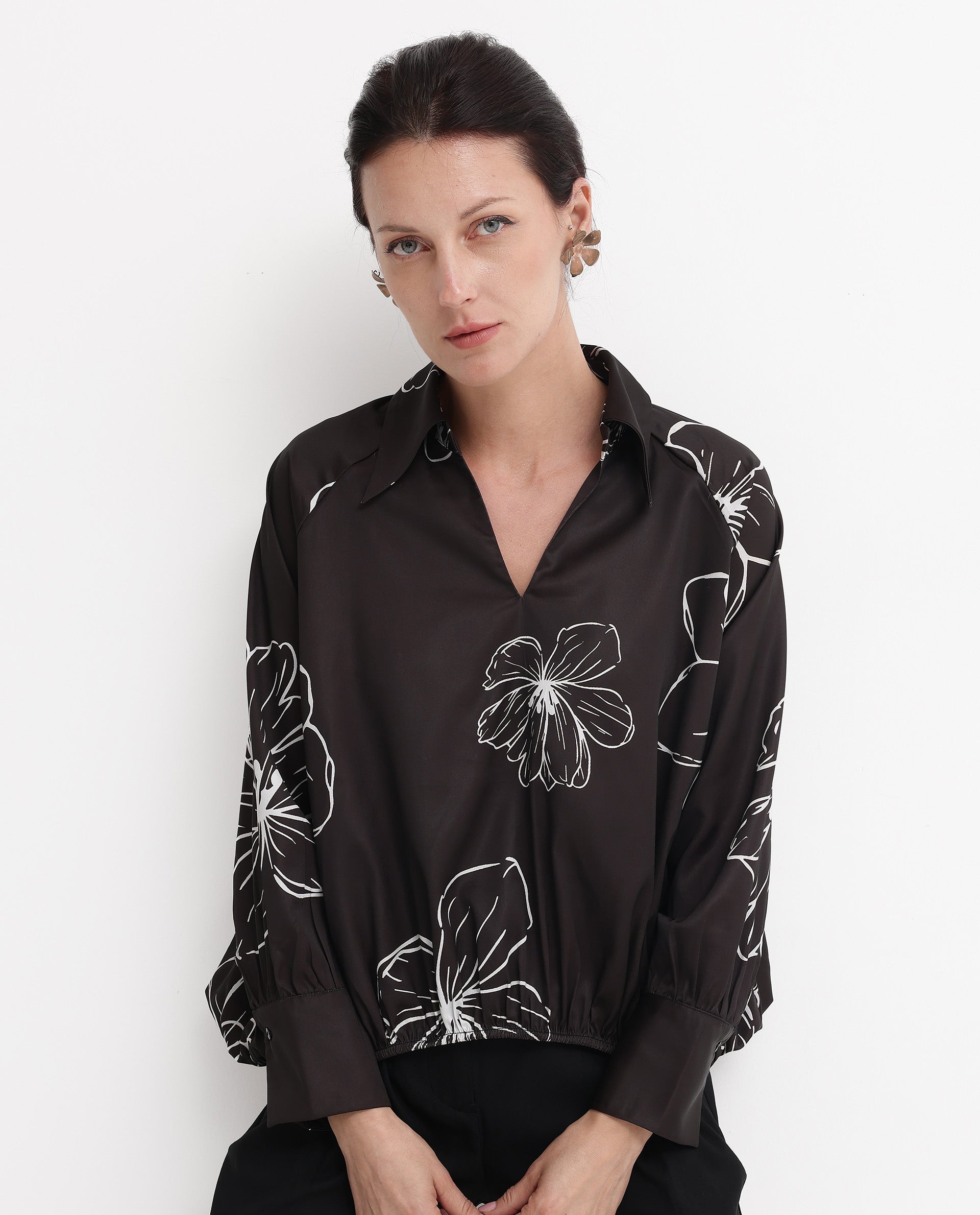 Rareism Women Olin Dark Brown Raglan Sleeves Collared Neck Floral Print Top