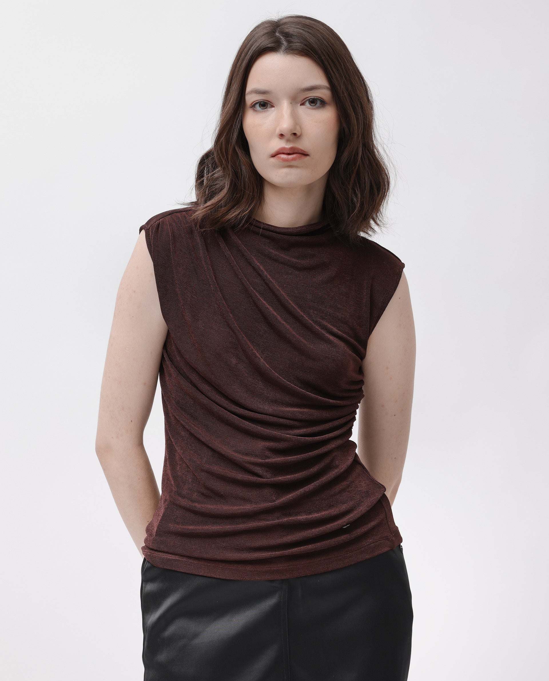 Rareism Women Optus Dark Brown Poly Lycra Fabric Regular Fit Cowl Neck Sleeveless Solid Top