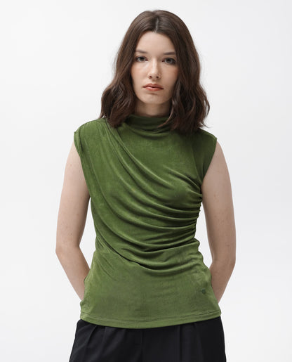 Rareism Women Optus Green Poly Lycra Fabric Regular Fit Cowl Neck Sleeveless Solid Top