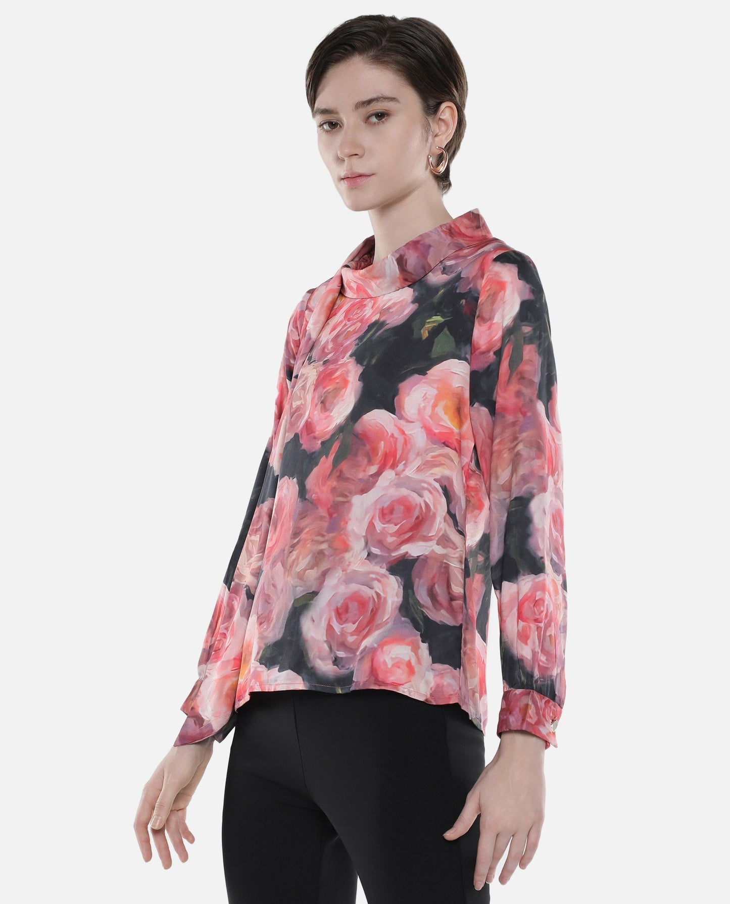 Rareism Women Oudid Multi Cotton Modal Satin Fabric Cuffed Sleeve Cowl Neck Button Closure Floral Print Top