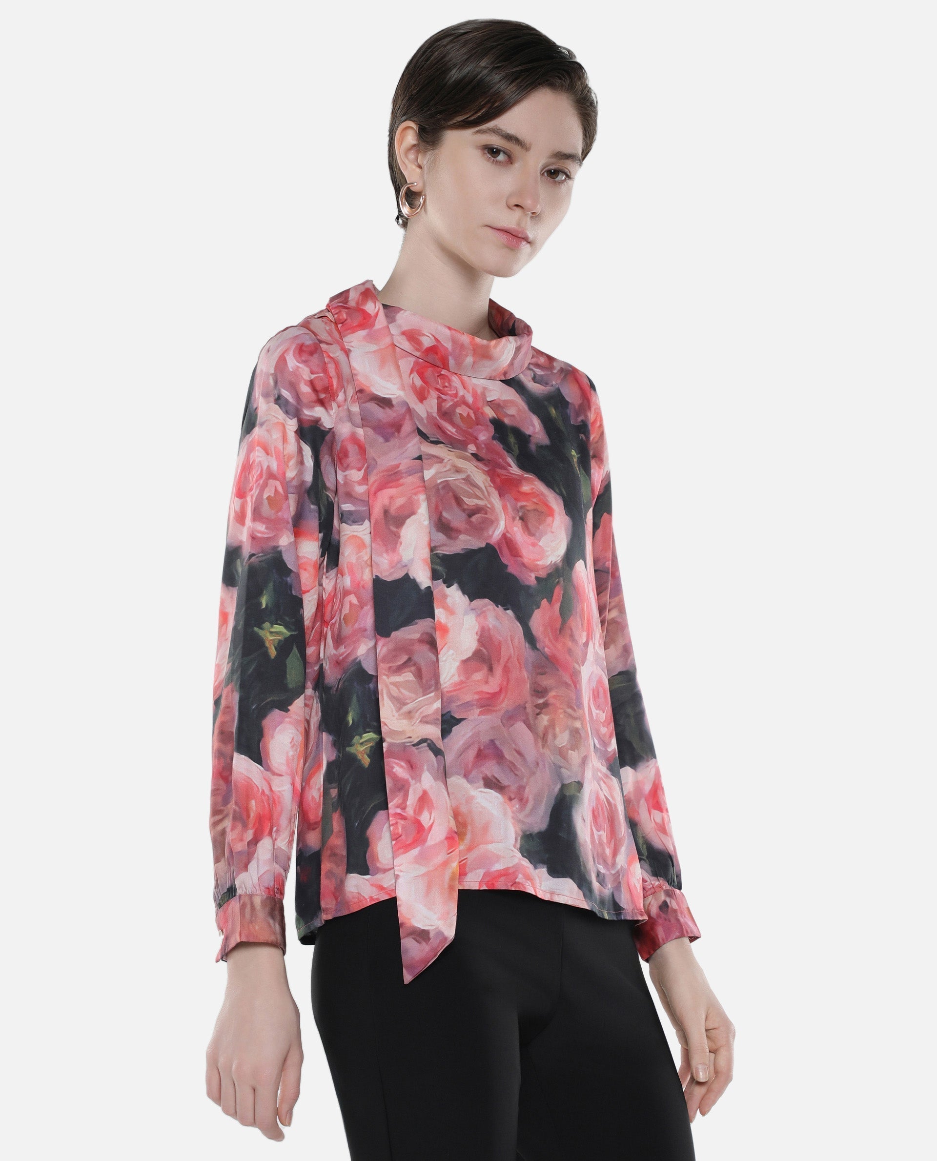 Rareism Women Oudid Multi Cotton Modal Satin Fabric Cuffed Sleeve Cowl Neck Button Closure Floral Print Top