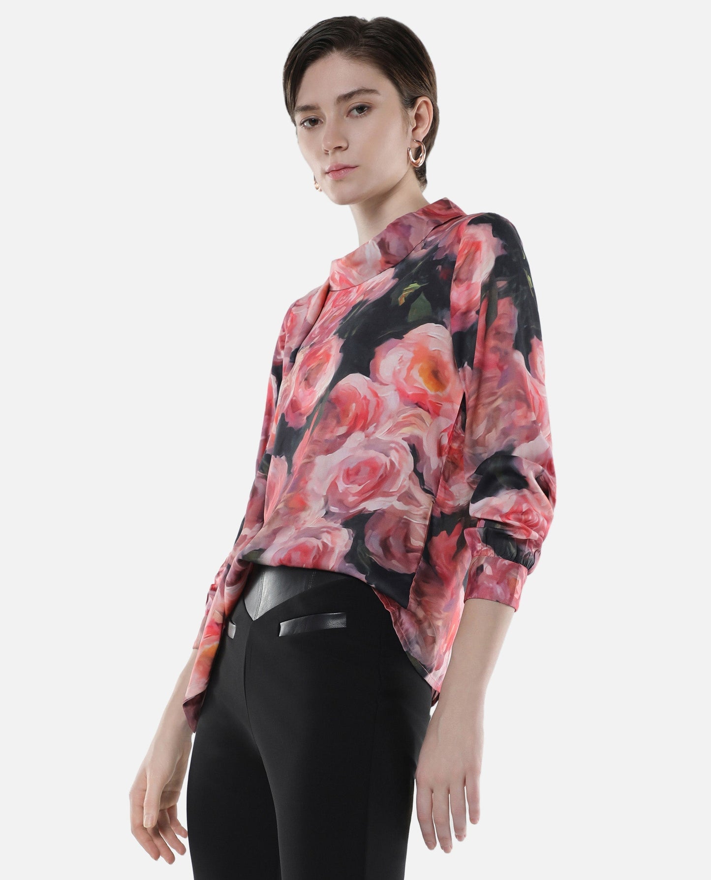 Rareism Women Oudid Multi Cotton Modal Satin Fabric Cuffed Sleeve Cowl Neck Button Closure Floral Print Top