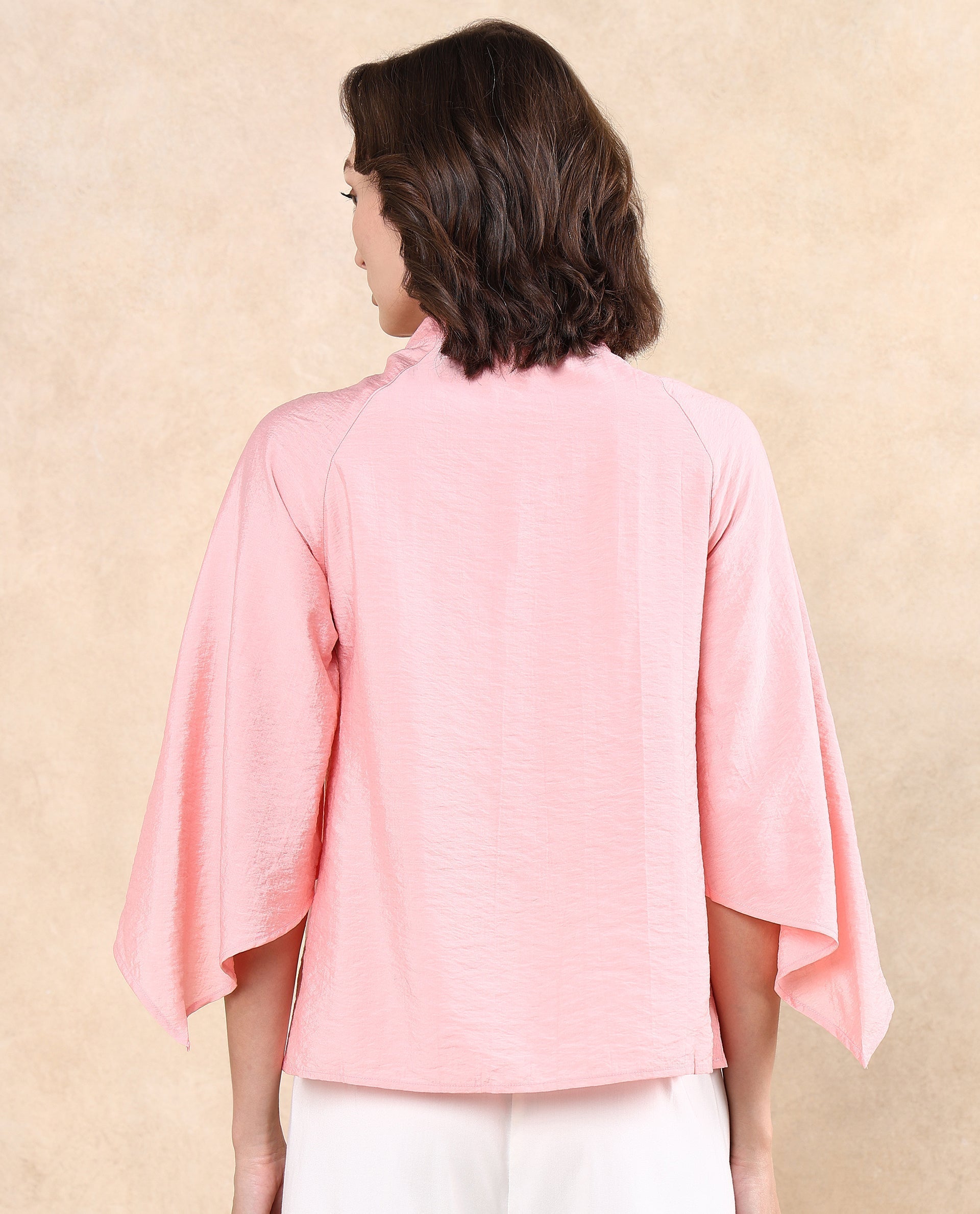 Rareism Women Palak Light Peach Raglan Sleeves V-Neck Asymmetric Sleeve Top