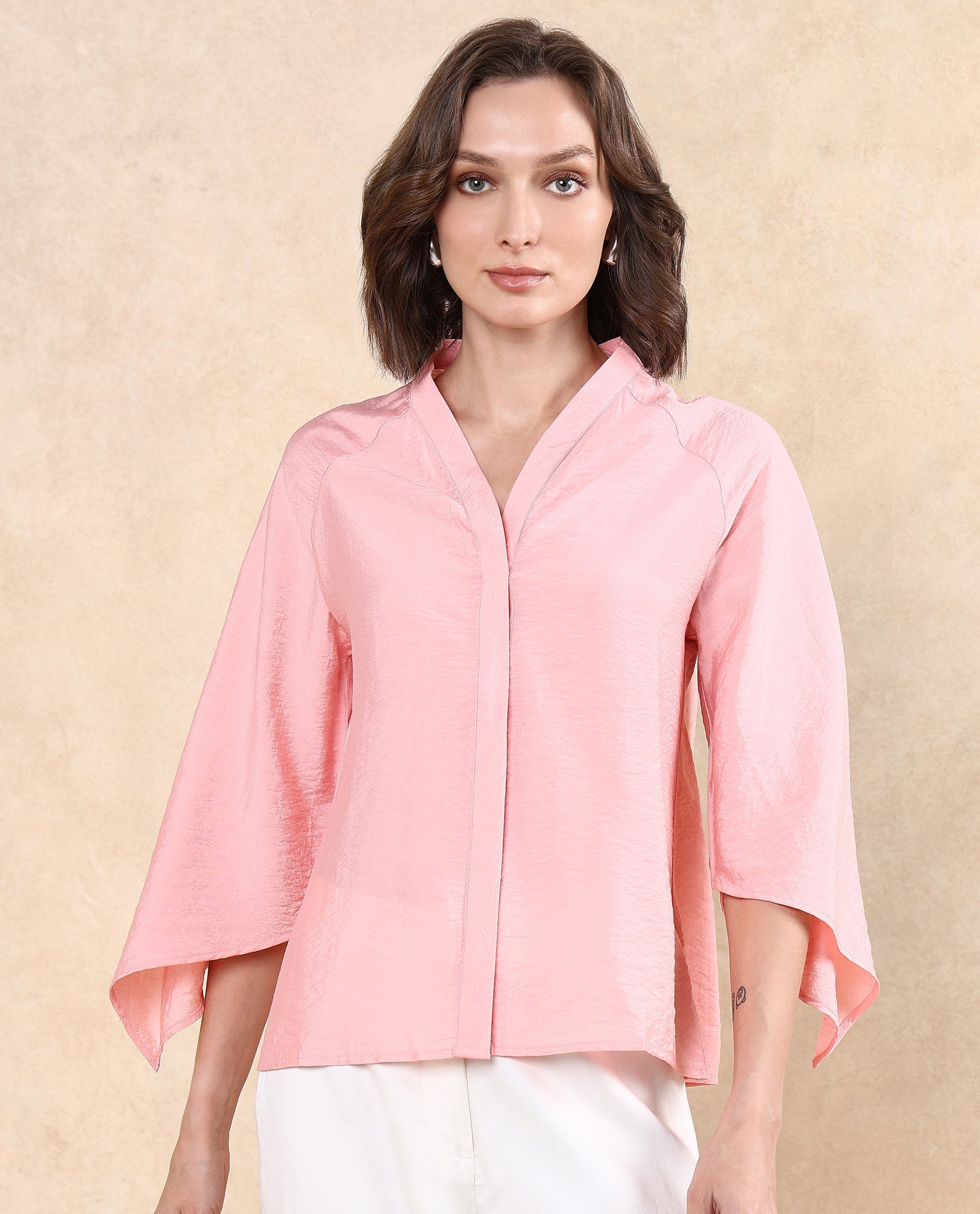 Rareism Women Palak Light Peach Raglan Sleeves V-Neck Asymmetric Sleeve Top