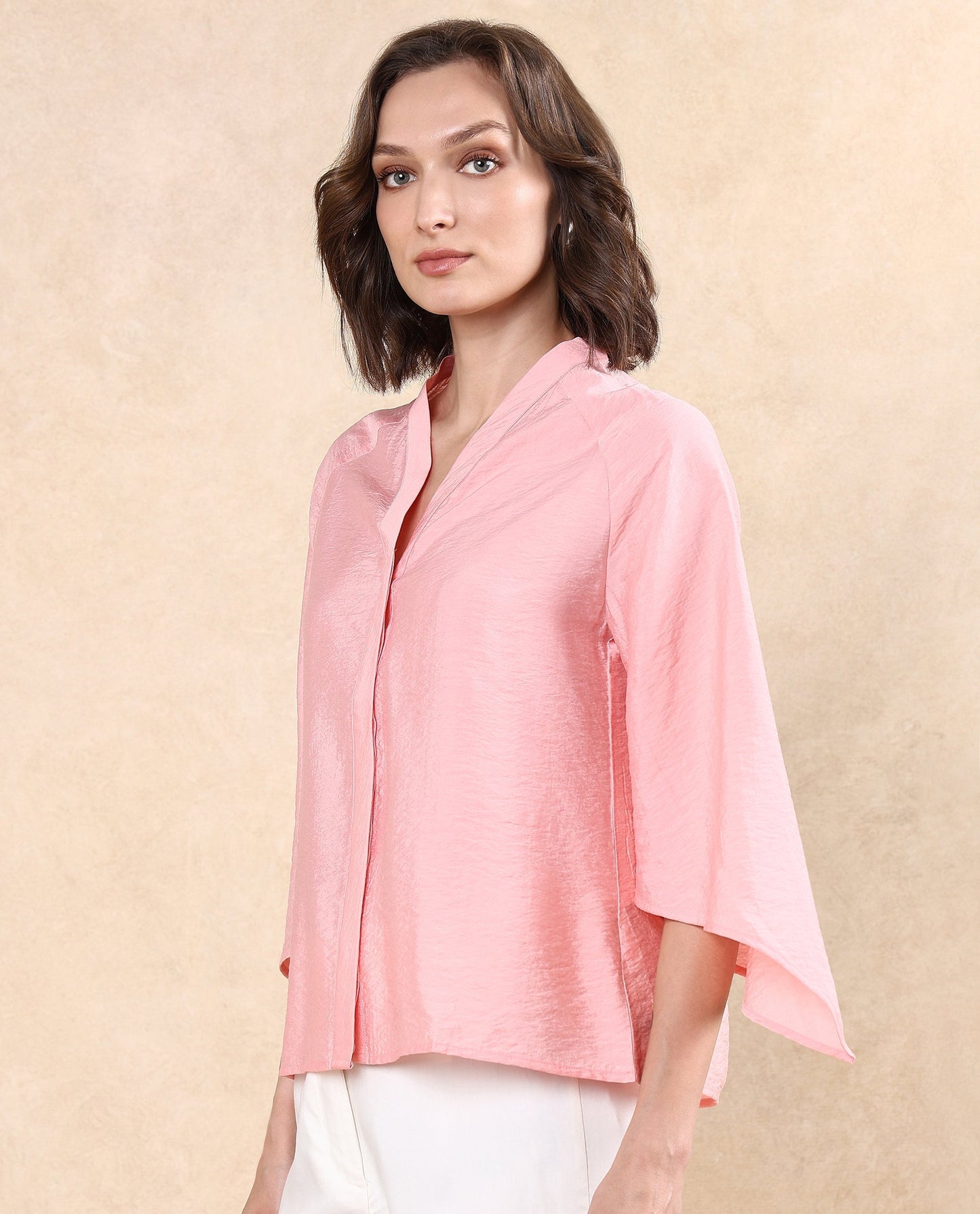 Rareism Women Palak Light Peach Raglan Sleeves V-Neck Asymmetric Sleeve Top