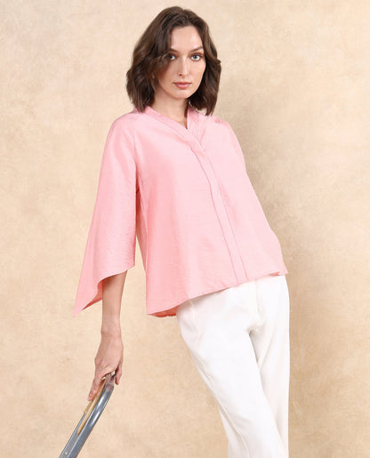 Rareism Women Palak Light Peach Raglan Sleeves V-Neck Asymmetric Sleeve Top