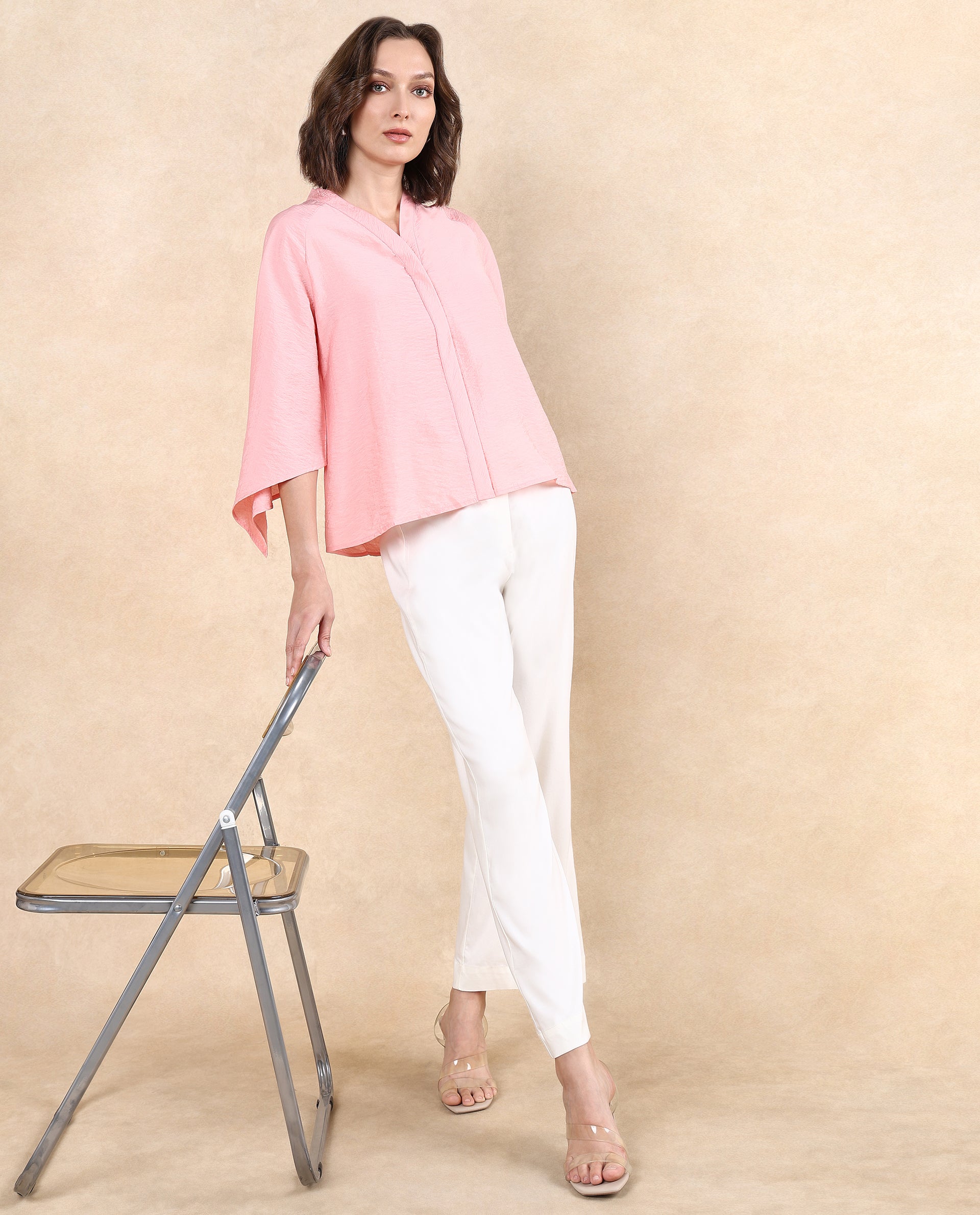 Rareism Women Palak Light Peach Raglan Sleeves V-Neck Asymmetric Sleeve Top