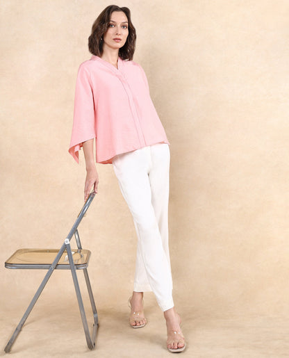 Rareism Women Palak Light Peach Raglan Sleeves V-Neck Asymmetric Sleeve Top