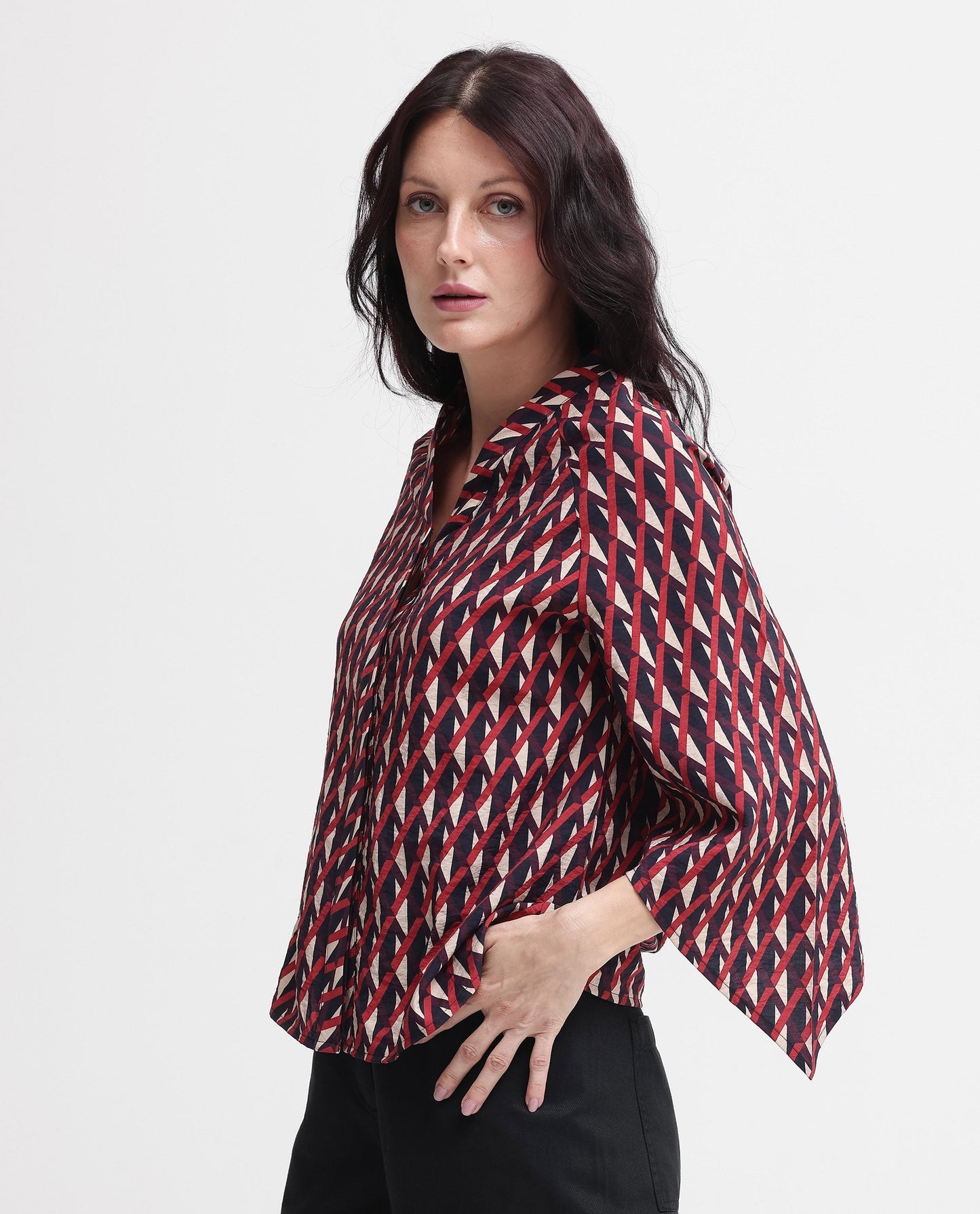 Rareism Women Palin Dark Multi Raglan Sleeves V-Neck Button Geometric Print Top