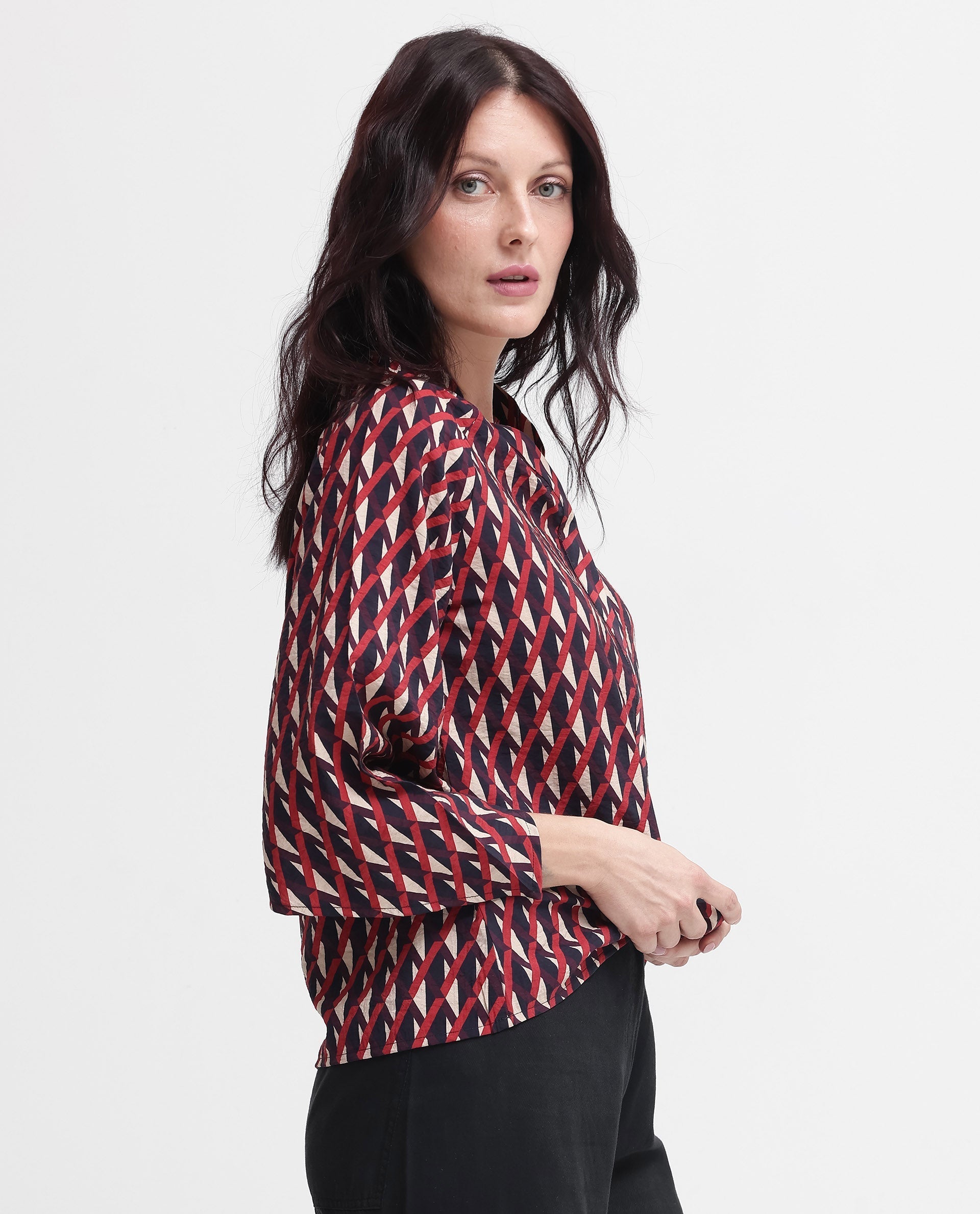 Rareism Women Palin Dark Multi Raglan Sleeves V-Neck Button Geometric Print Top