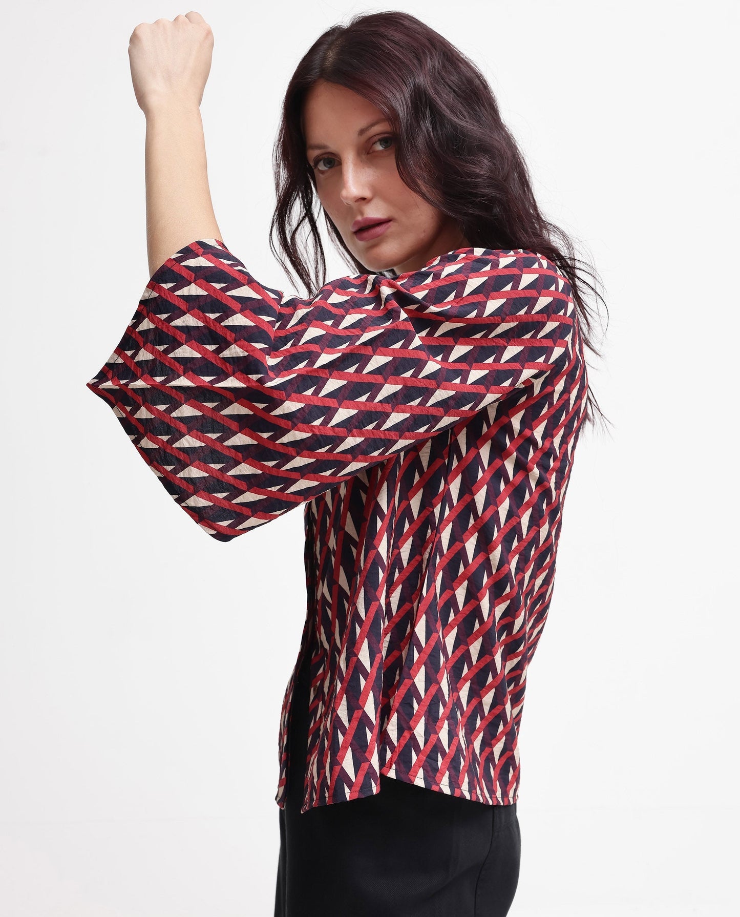 Rareism Women Palin Dark Multi Raglan Sleeves V-Neck Button Geometric Print Top