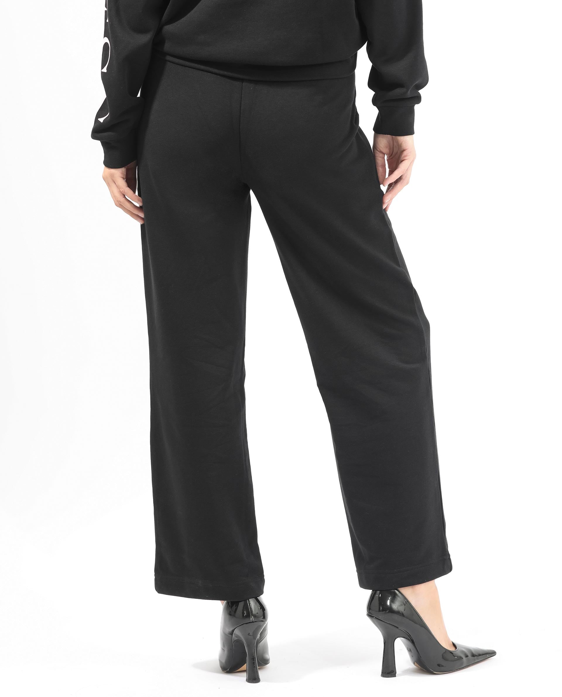 Rareism Women Pazoo T Black Cotton Blend Fabric Flared Solid Mid Rise Ankle Length Track Pant