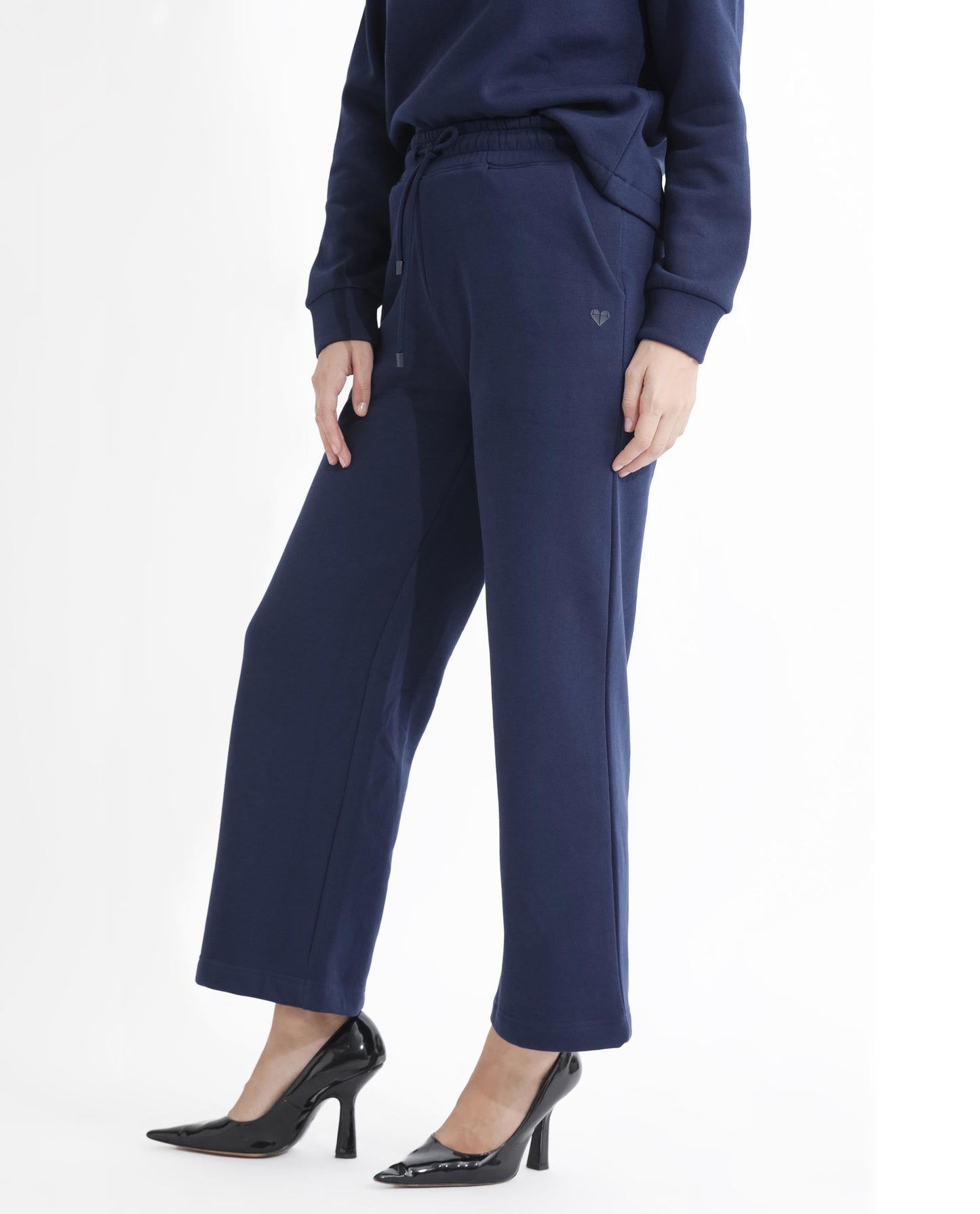 Rareism Women Pazoo F Navy Cotton Blend Fabric Flared Solid Mid Rise Ankle Length Track Pant