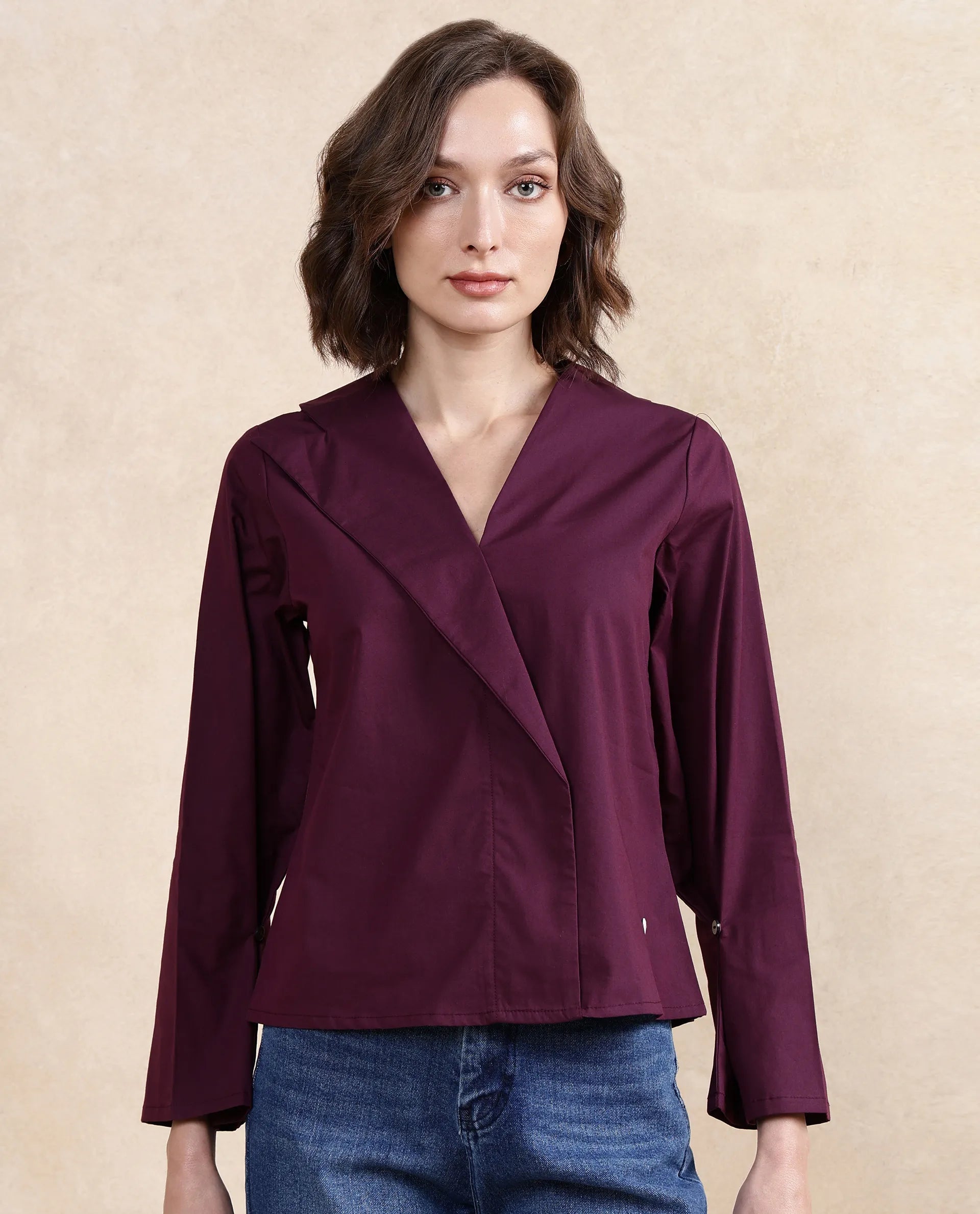 Rareism Women Perdu Purple Bell Sleeves V-Neck Plain Top