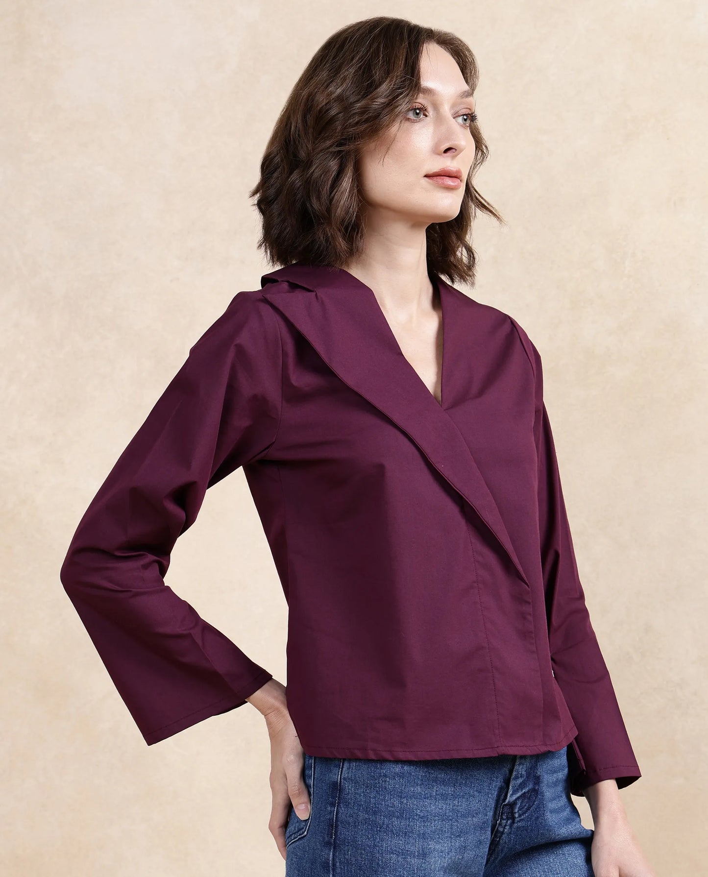 Rareism Women Perdu Purple Bell Sleeves V-Neck Plain Top