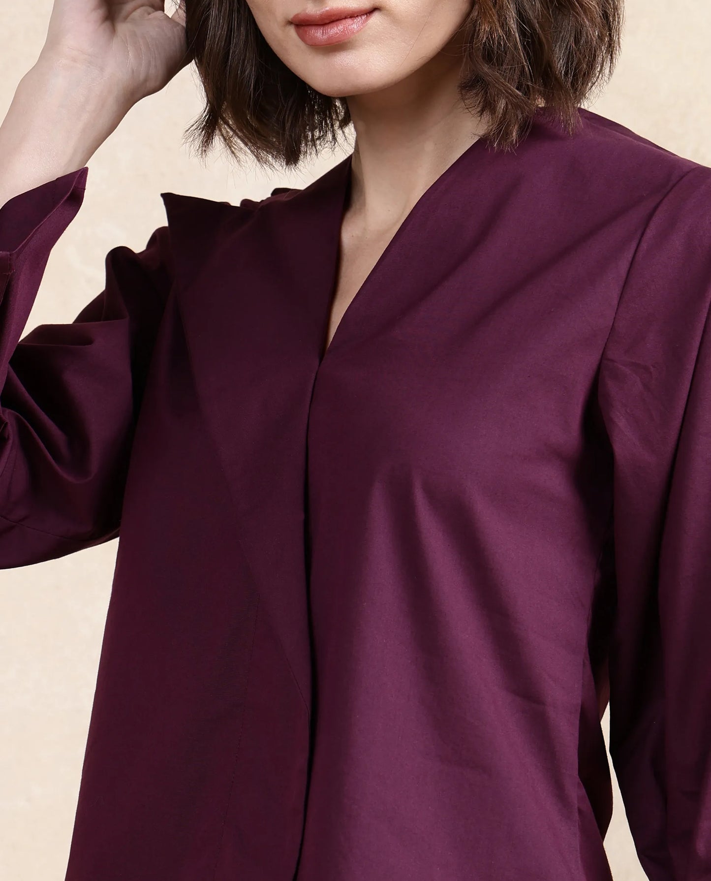 Rareism Women Perdu Purple Bell Sleeves V-Neck Plain Top