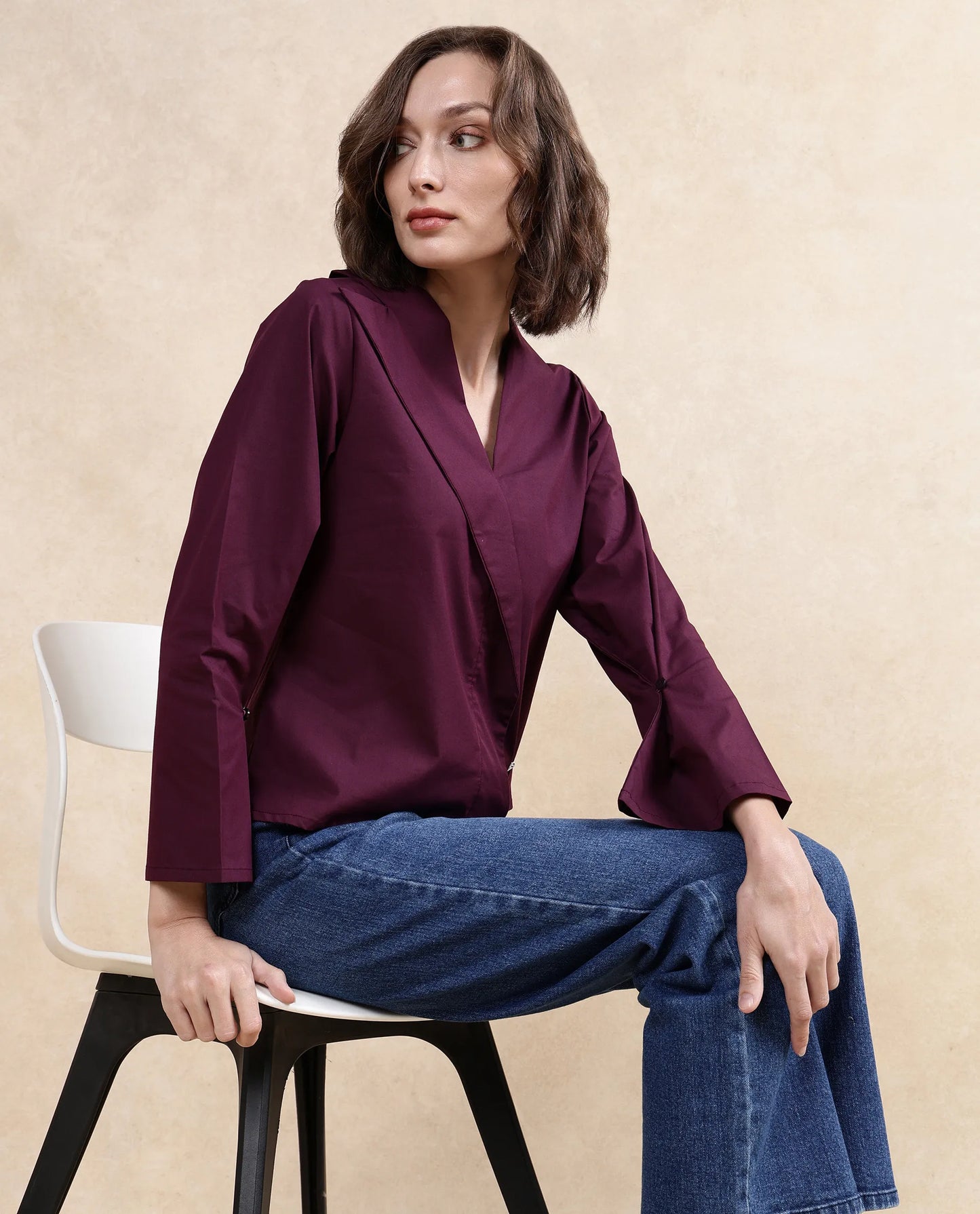 Rareism Women Perdu Purple Bell Sleeves V-Neck Plain Top