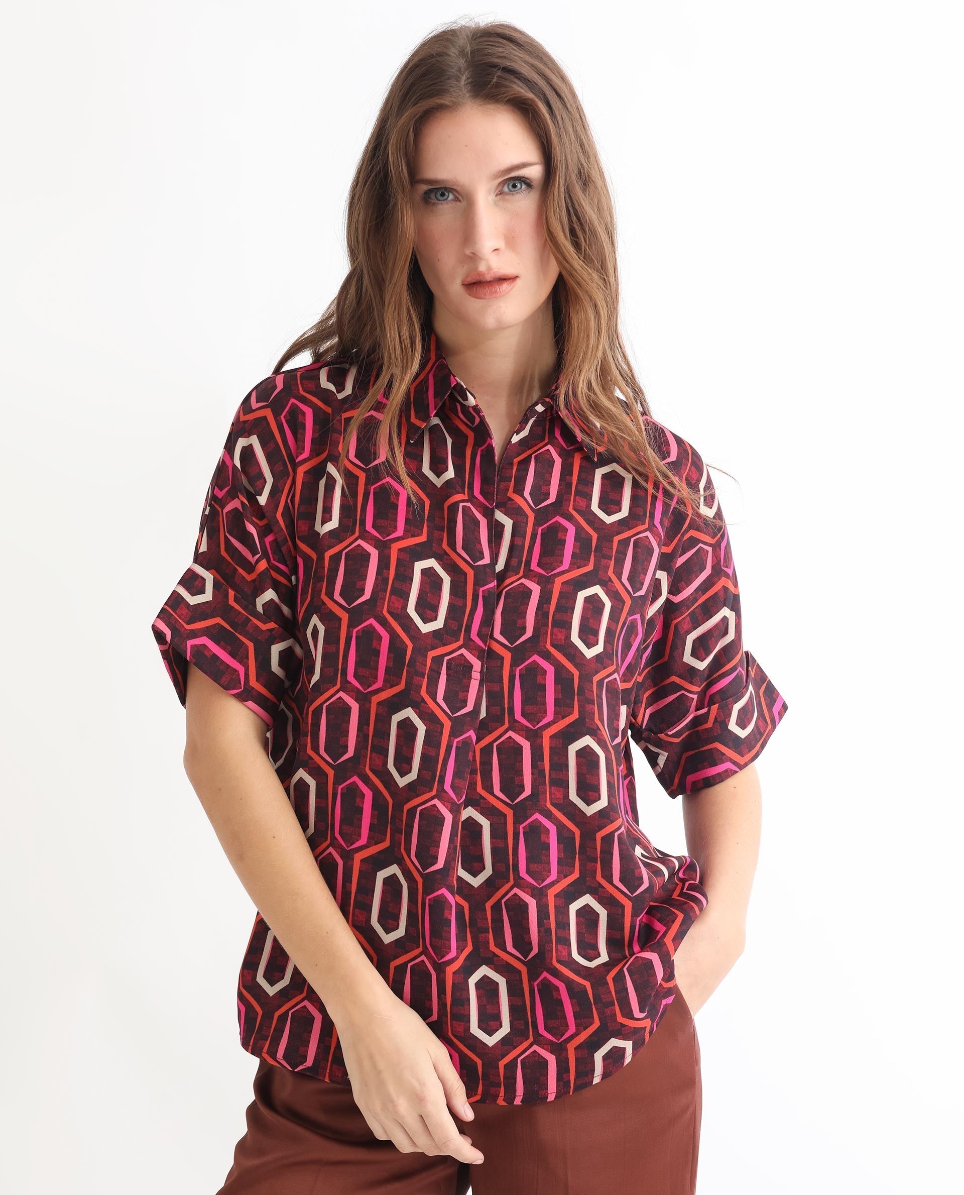 Rareism Women Peru Brown Polyester Fabric Short Sleeves Button Closure Drop Collar Cuffed Sleeve Relaxed Fit Geometric Print Top