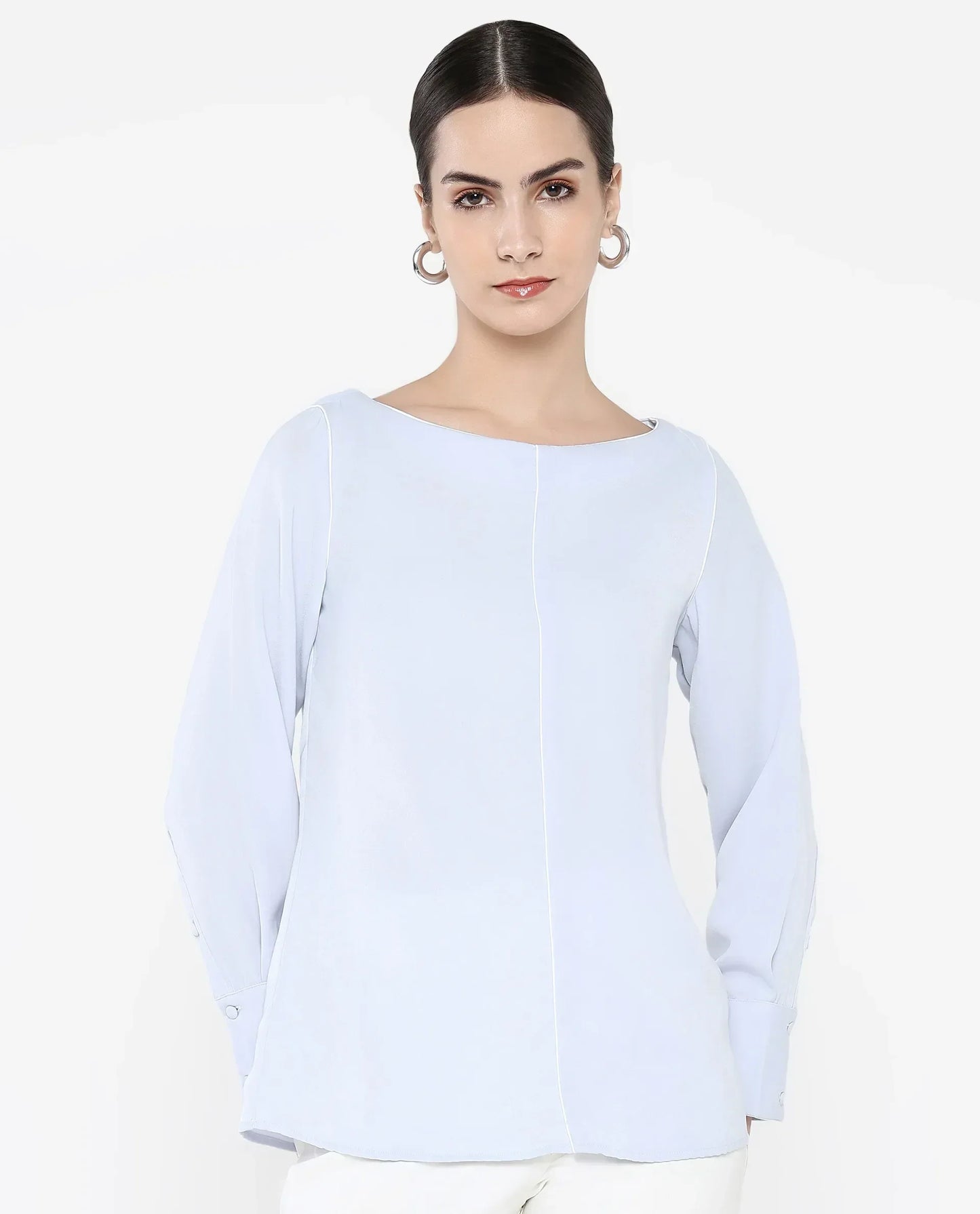 Rareism Women Pidet Blue Satin Cuffed Sleeves Boat Neck Button Closure Plain Top