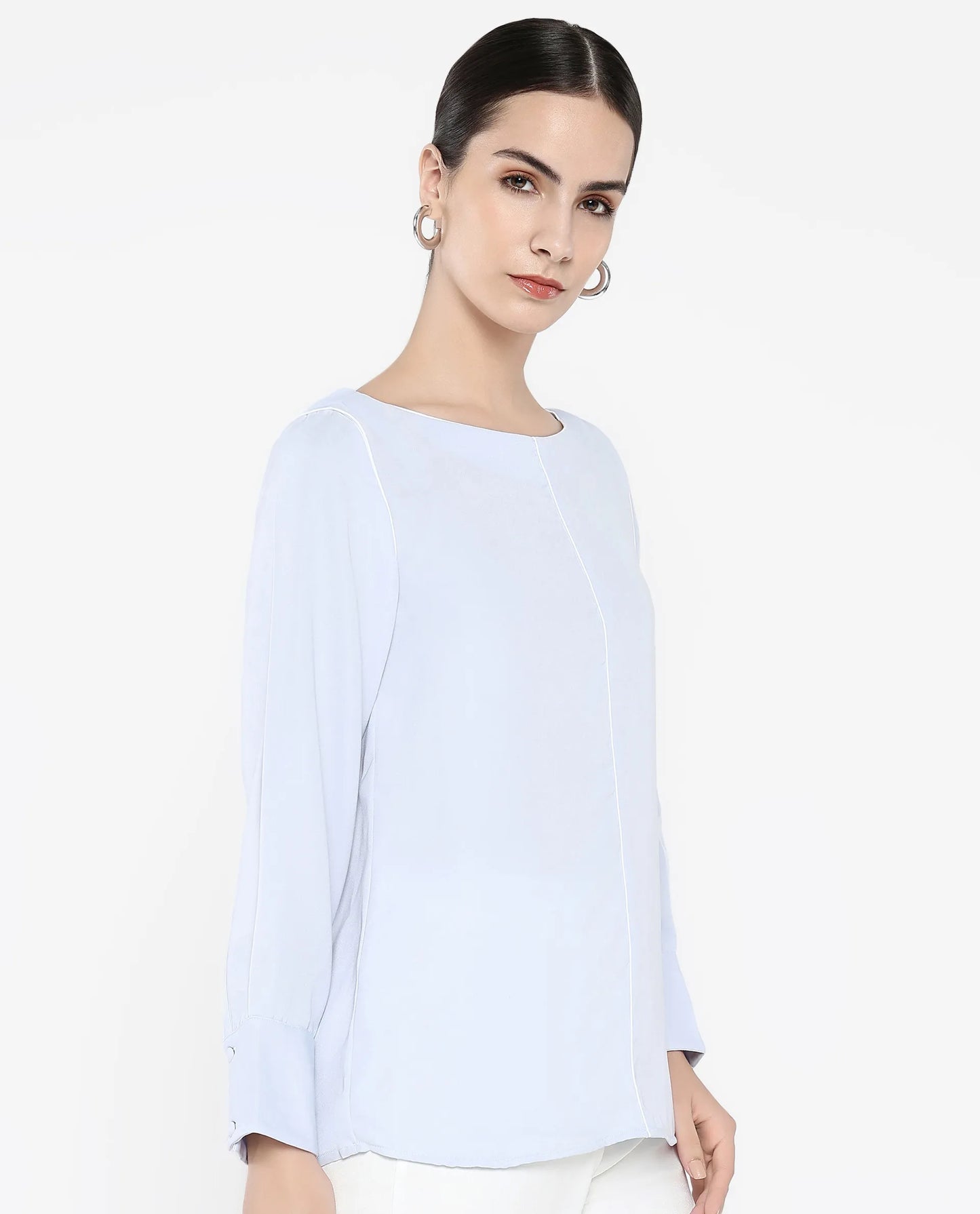 Rareism Women Pidet Blue Satin Cuffed Sleeves Boat Neck Button Closure Plain Top