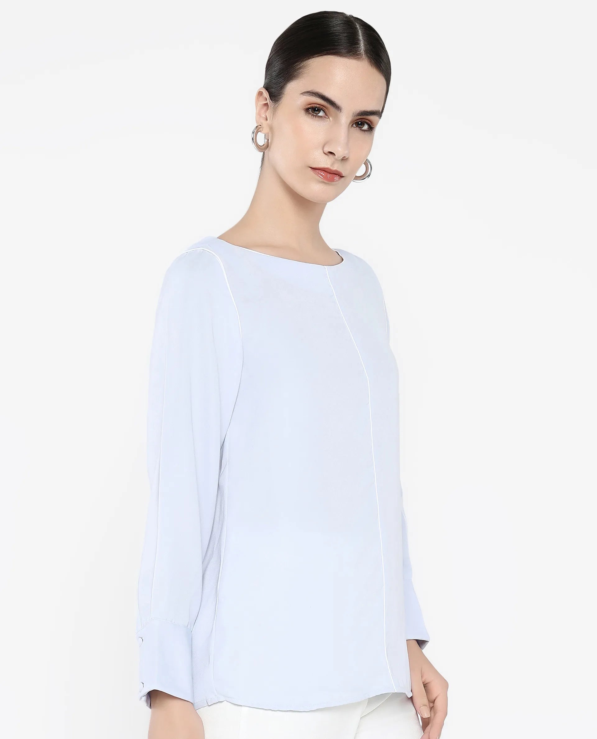 Rareism Women Pidet Blue Satin Cuffed Sleeves Boat Neck Button Closure Plain Top