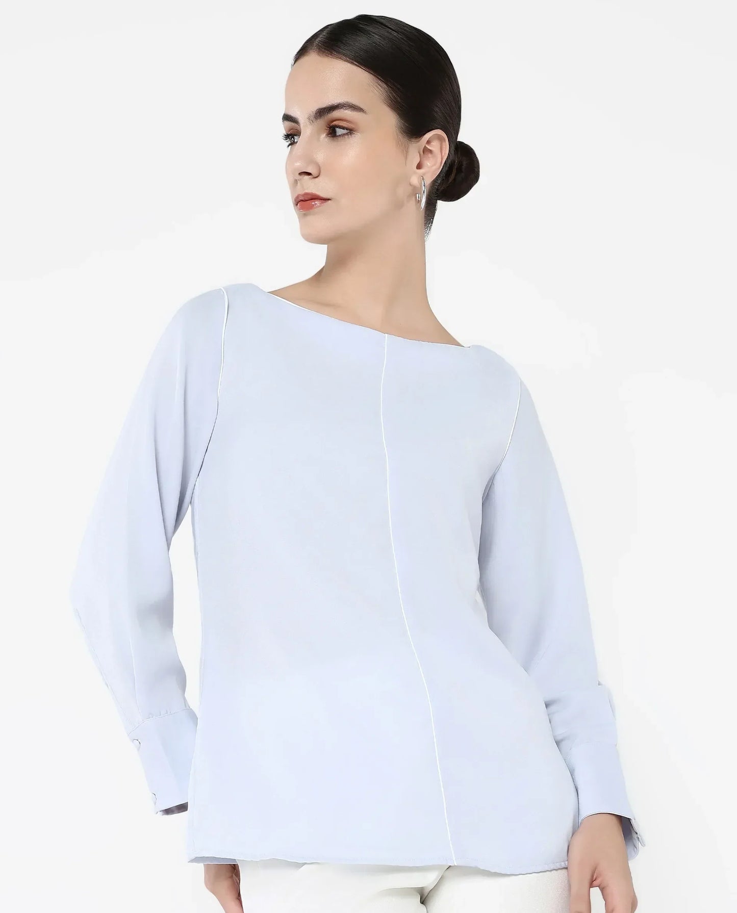 Rareism Women Pidet Blue Satin Cuffed Sleeves Boat Neck Button Closure Plain Top