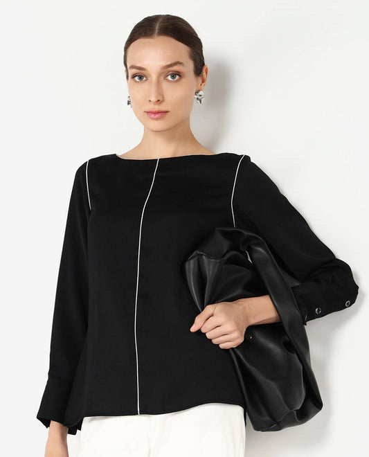 Rareism Women Pidet Black Satin Cuffed Sleeves Boat Neck Button Closure Plain Top