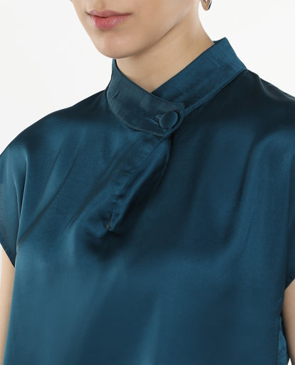 Rareism Women Plama Petrol Extended Sleeves Mandarin Collar Button Closure Plain Top