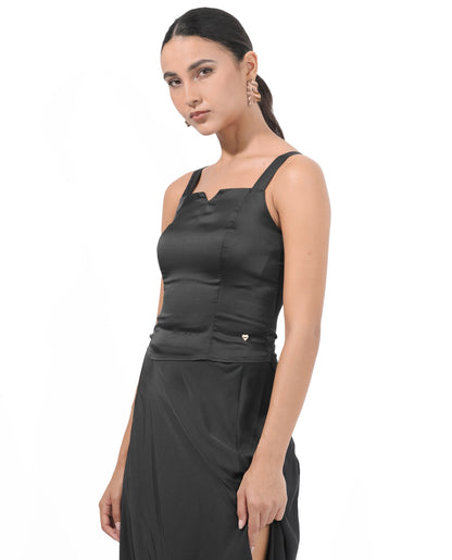 Rareism Women Polzo Black Polyester Fabric Sleeveless Zip Closure Tube Neck Shoulder Straps Regular Fit Plain Top