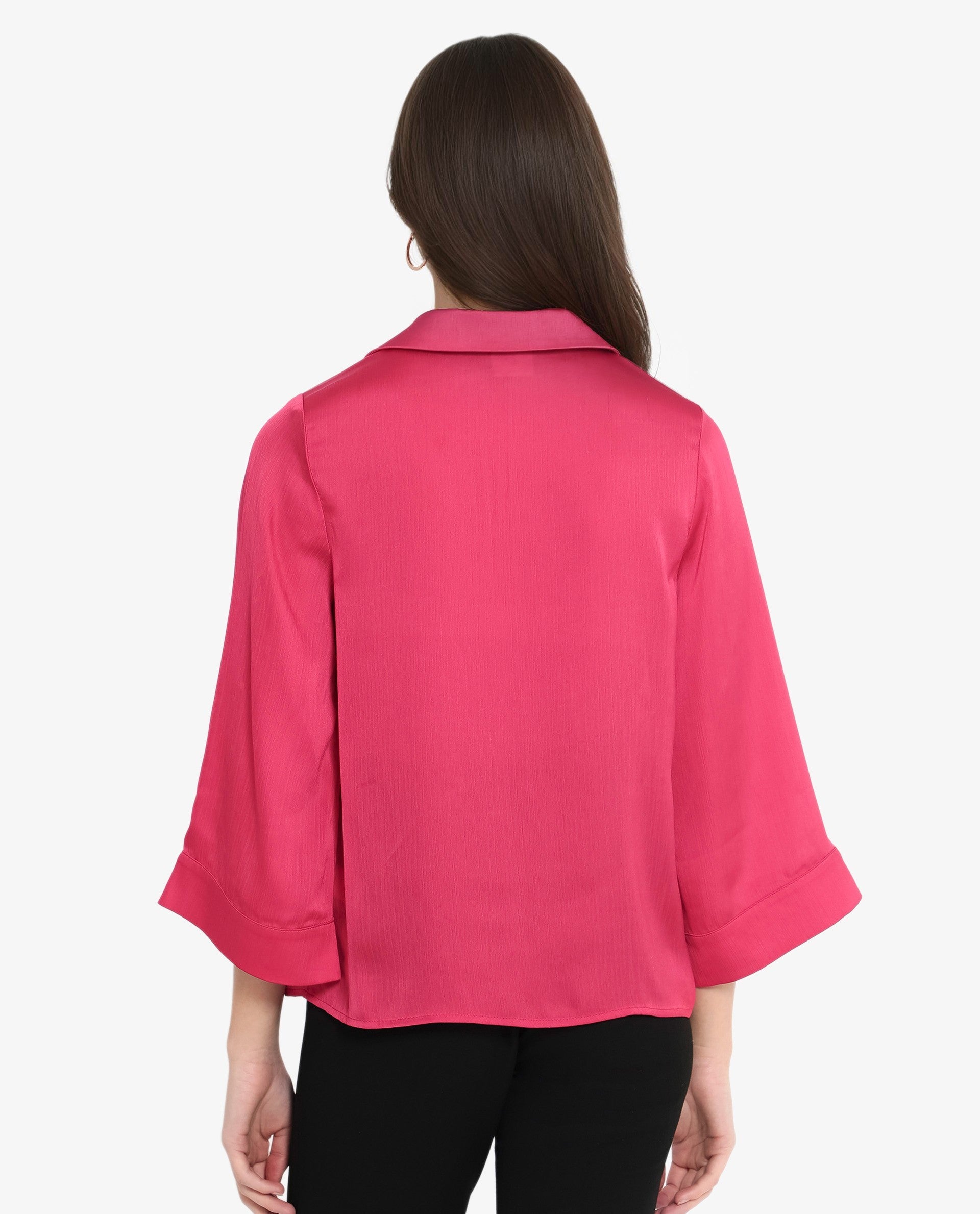 Rareism Women Pomezia Dark Red Polyester Button Closure 3/4Th Sleeve Lapel Collar Plain Top