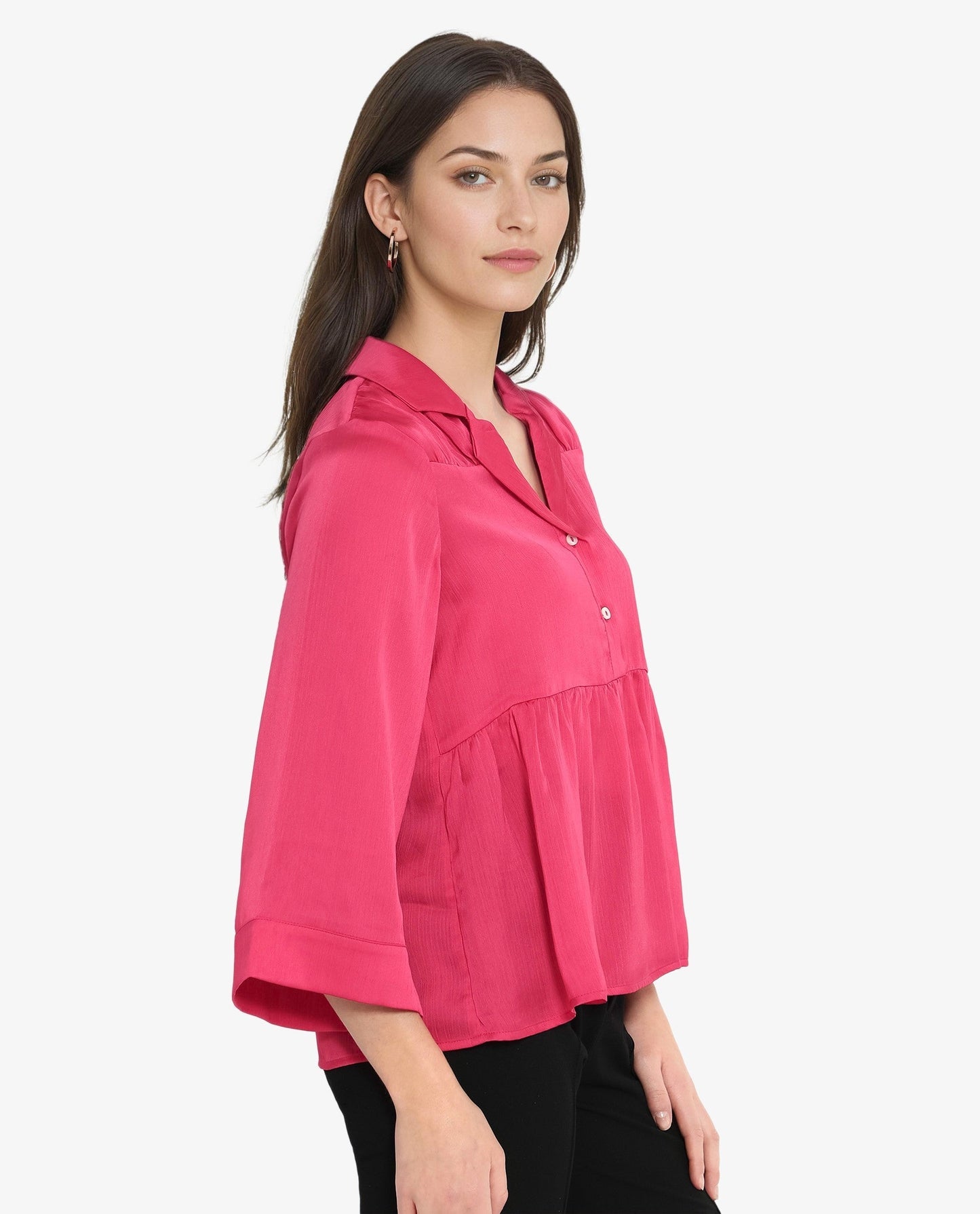 Rareism Women Pomezia Dark Red Polyester Button Closure 3/4Th Sleeve Lapel Collar Plain Top