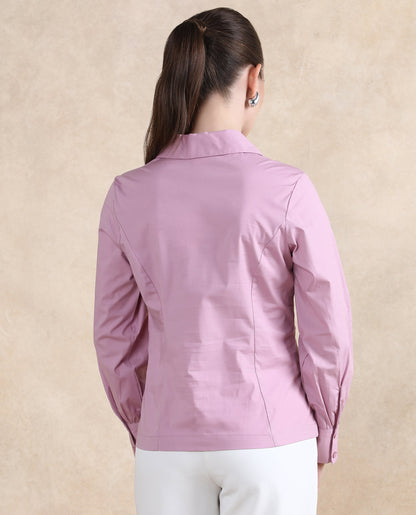 Rareism Women Pomogra Light Pink Cotton Fabric Cuffed Sleeve Jonny Collar Zipper Closure Plain Top