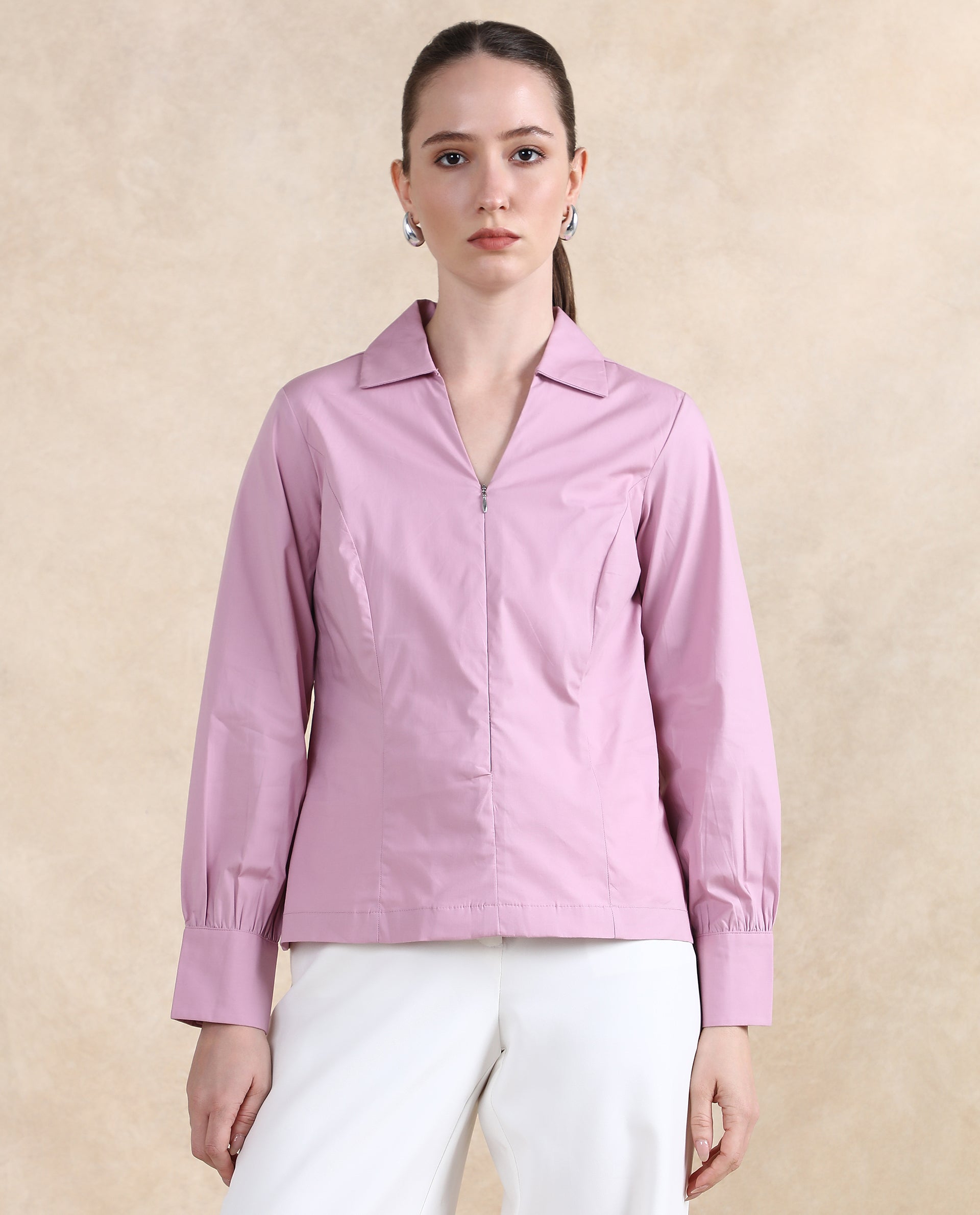 Rareism Women Pomogra Light Pink Cotton Fabric Cuffed Sleeve Jonny Collar Zipper Closure Plain Top