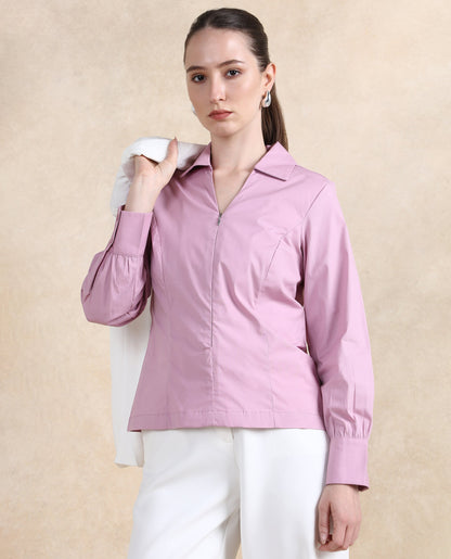 Rareism Women Pomogra Light Pink Cotton Fabric Cuffed Sleeve Jonny Collar Zipper Closure Plain Top