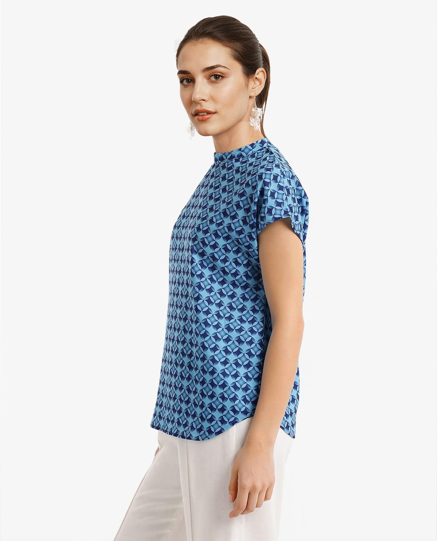 Rareism Women Qoat Blue Extended Sleeves High Neck Button Closure Graphic Print Top