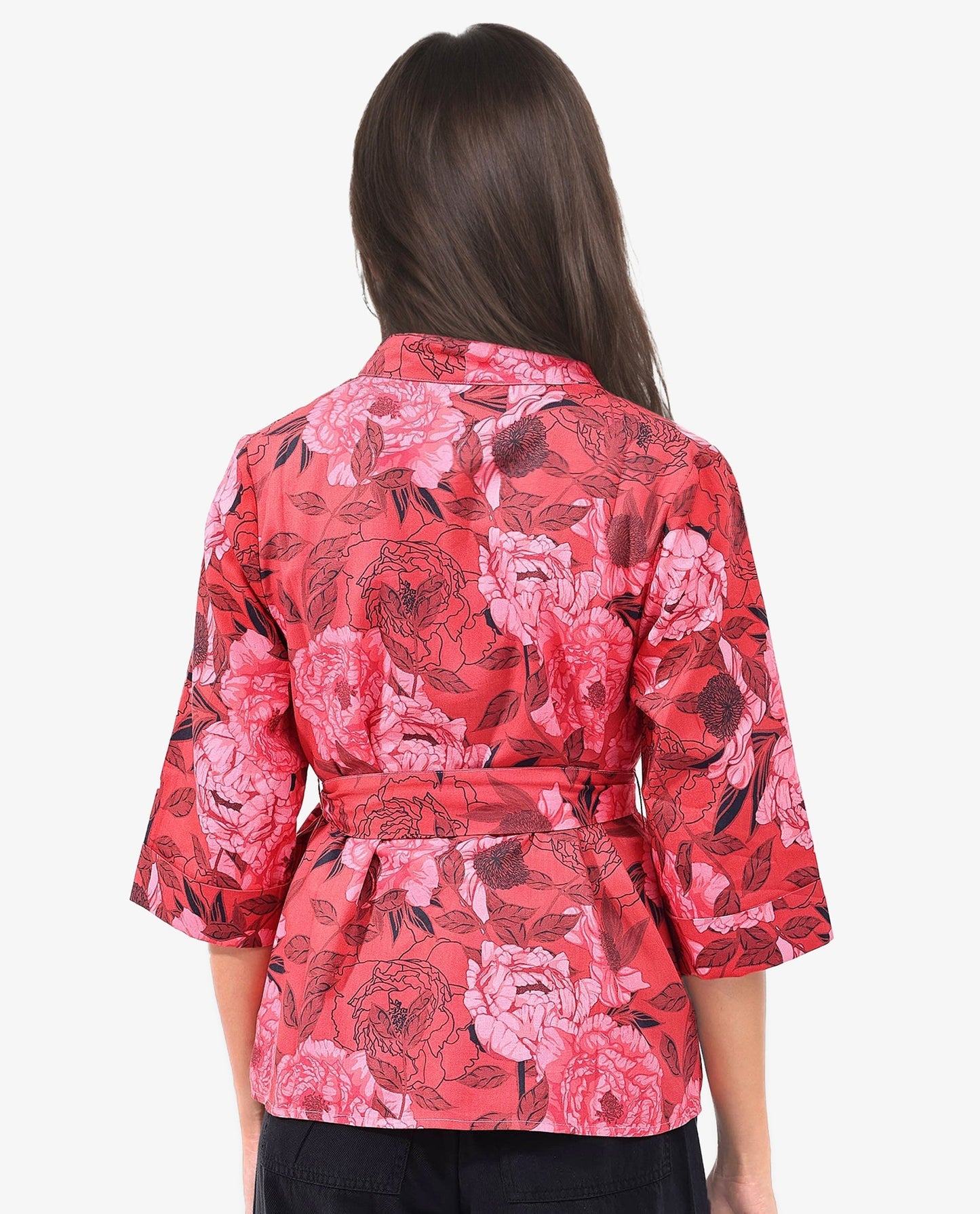 Rareism Women Ramo Red 3/4Th Sleeve Over Lap Neck Floral Print Top