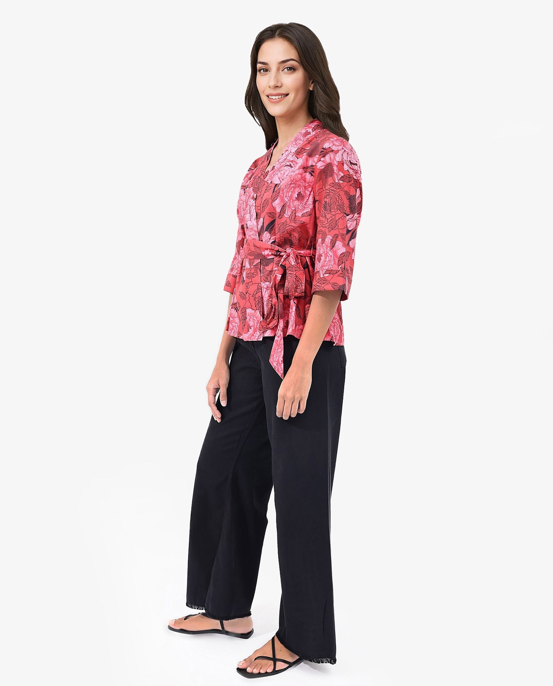 Rareism Women Ramo Red 3/4Th Sleeve Over Lap Neck Floral Print Top