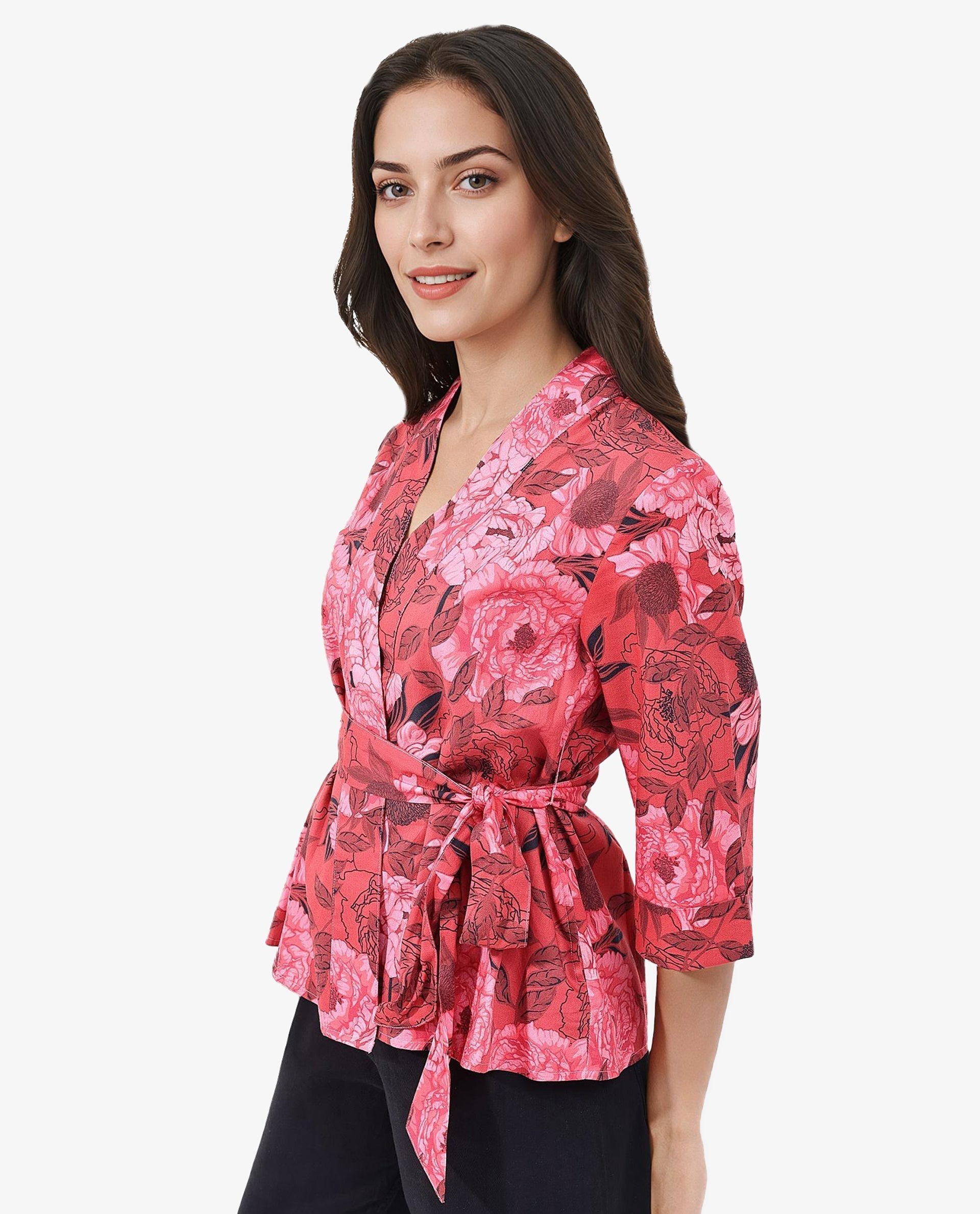 Rareism Women Ramo Red 3/4Th Sleeve Over Lap Neck Floral Print Top