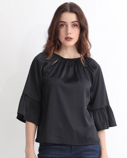 Rareism Women Reila Black Polyester Fabric Relaxed Fit Boat Neck Half Sleeves Solid Top