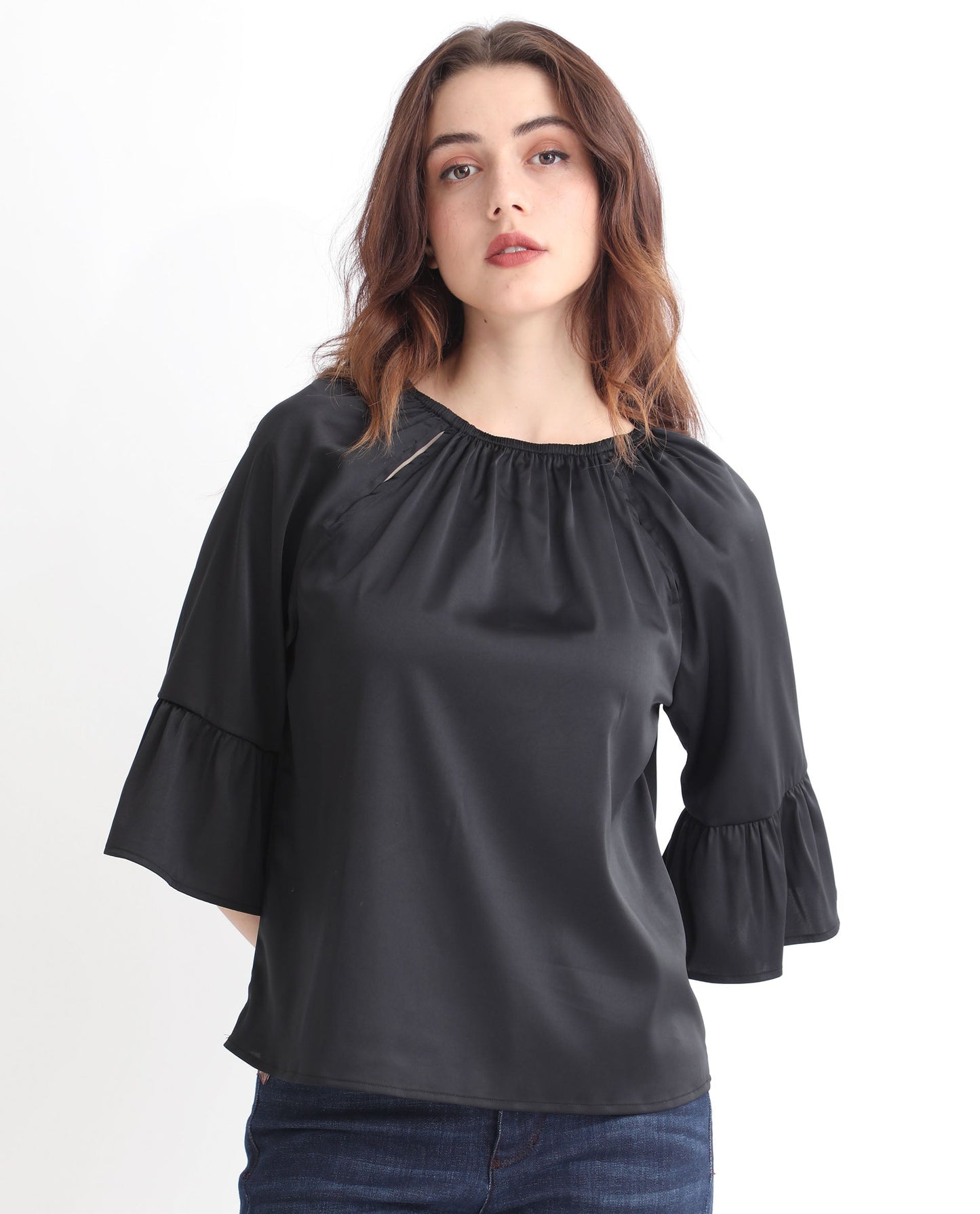 Rareism Women Reila Black Polyester Fabric Relaxed Fit Boat Neck Half Sleeves Solid Top