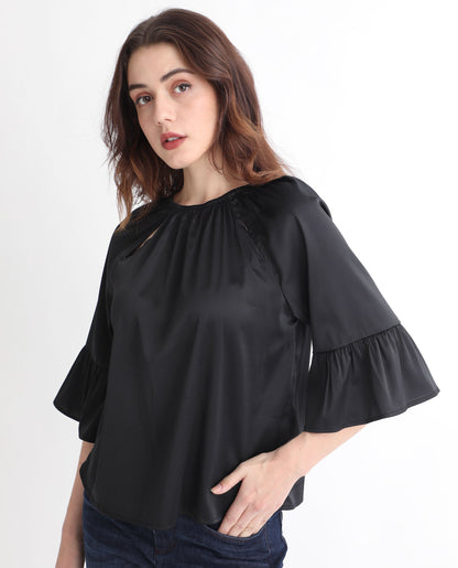 Rareism Women Reila Black Polyester Fabric Relaxed Fit Boat Neck Half Sleeves Solid Top