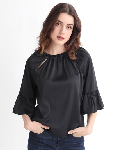 Rareism Women Reila Black Polyester Fabric Relaxed Fit Boat Neck Half Sleeves Solid Top