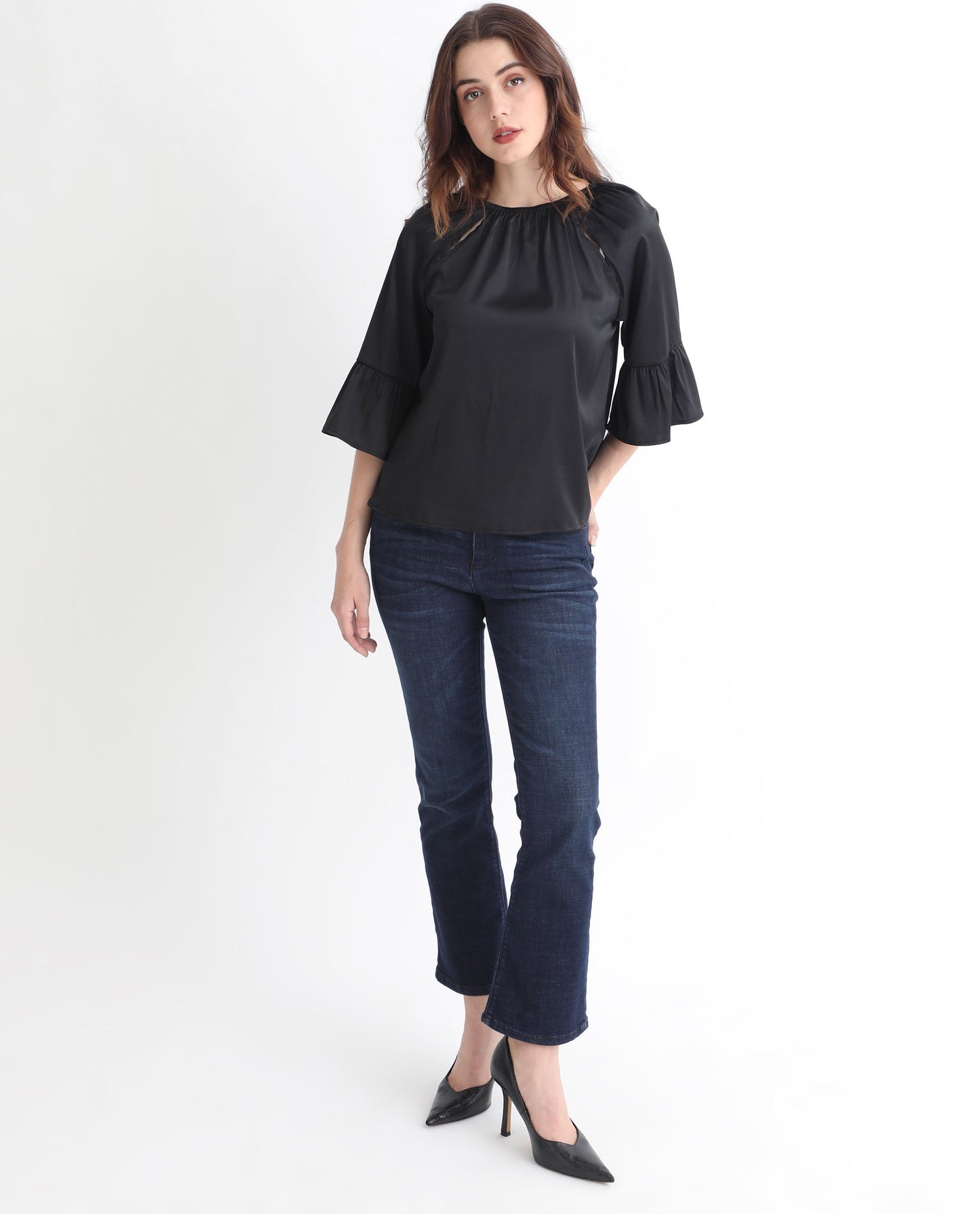 Rareism Women Reila Black Polyester Fabric Relaxed Fit Boat Neck Half Sleeves Solid Top