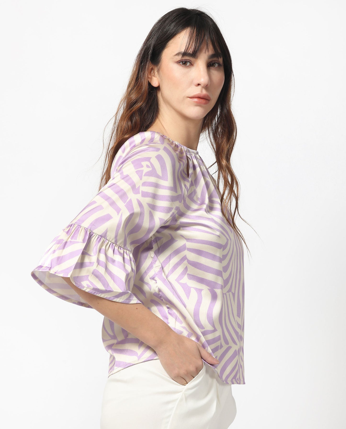 Rareism Women Reila Pastel Purple Polyester Fabric Short Sleeves Boat Neck Raglan Sleeve Relaxed Fit Geometric Print Top