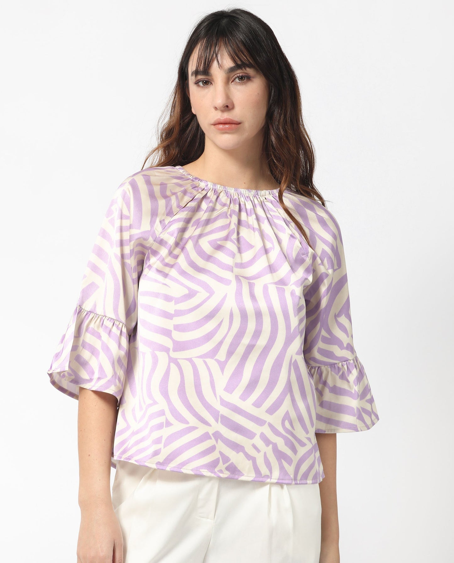 Rareism Women Reila Pastel Purple Polyester Fabric Short Sleeves Boat Neck Raglan Sleeve Relaxed Fit Geometric Print Top