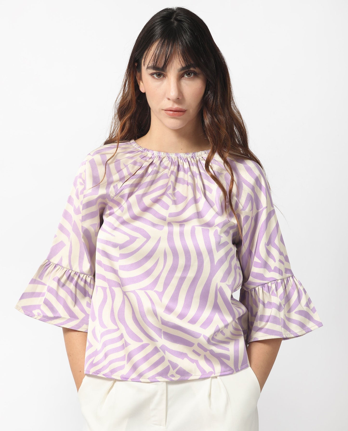 Rareism Women Reila Pastel Purple Polyester Fabric Short Sleeves Boat Neck Raglan Sleeve Relaxed Fit Geometric Print Top