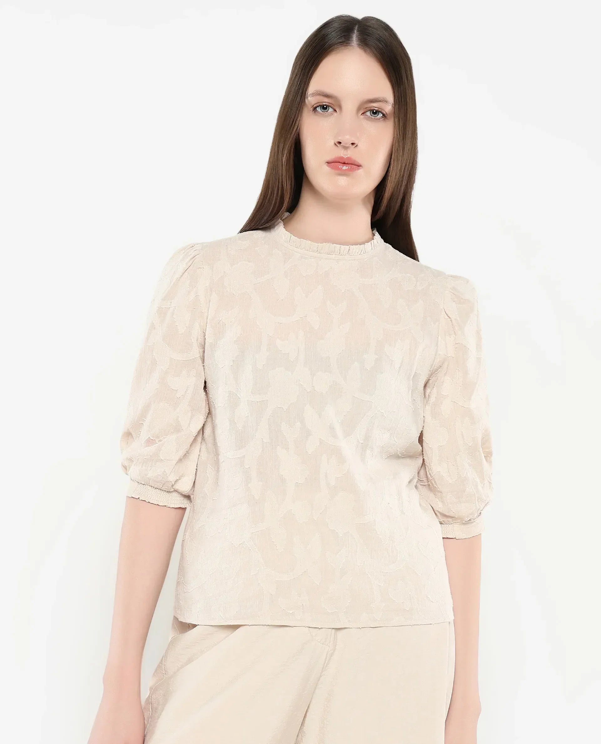 Rareism Women Reis Beige Puffed Sleeve Round Neck Button Closure Plain Top